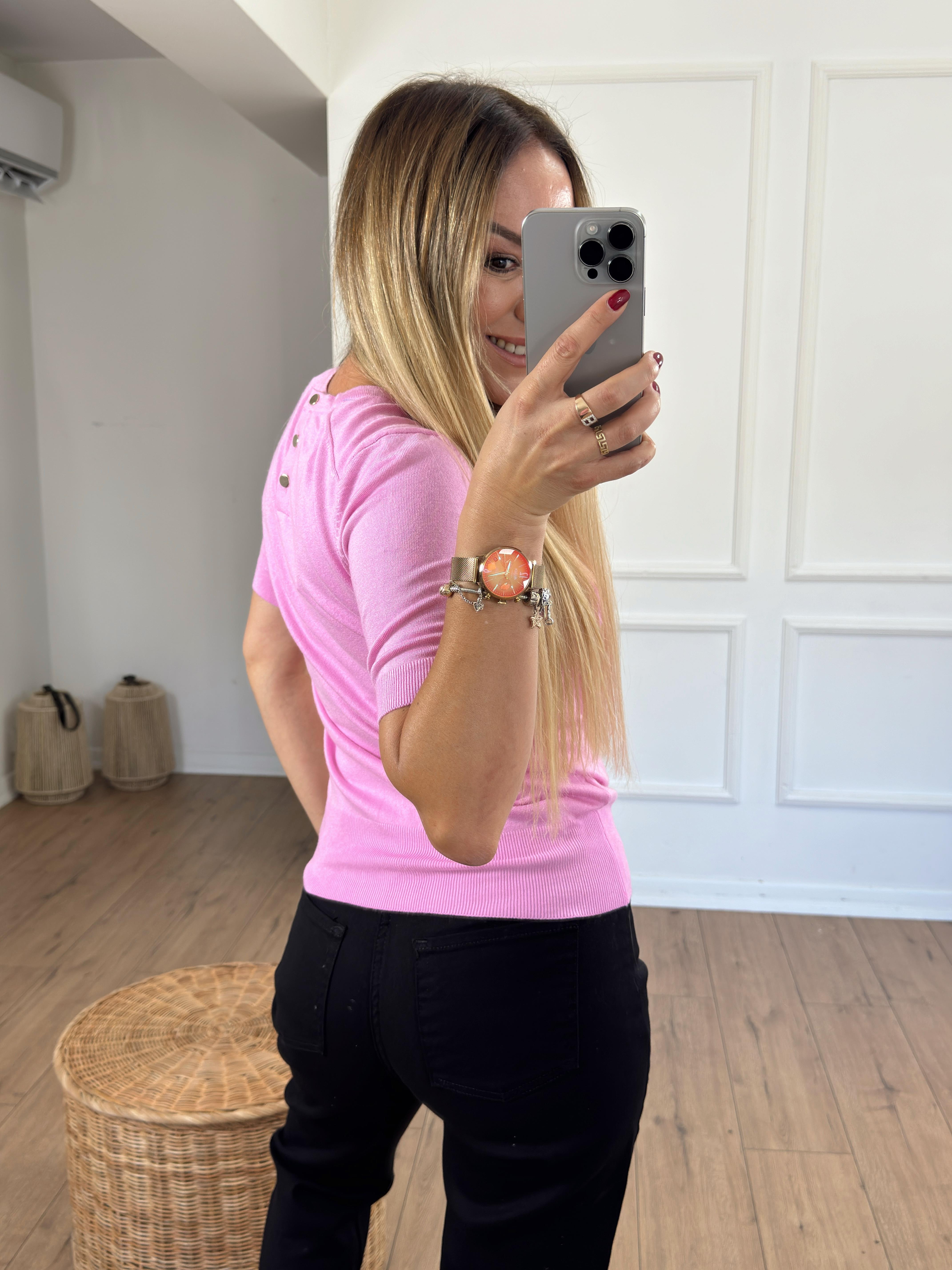 Bisiklet Yaka Arkası Düğmeli Kısa Kol Triko PEMBE