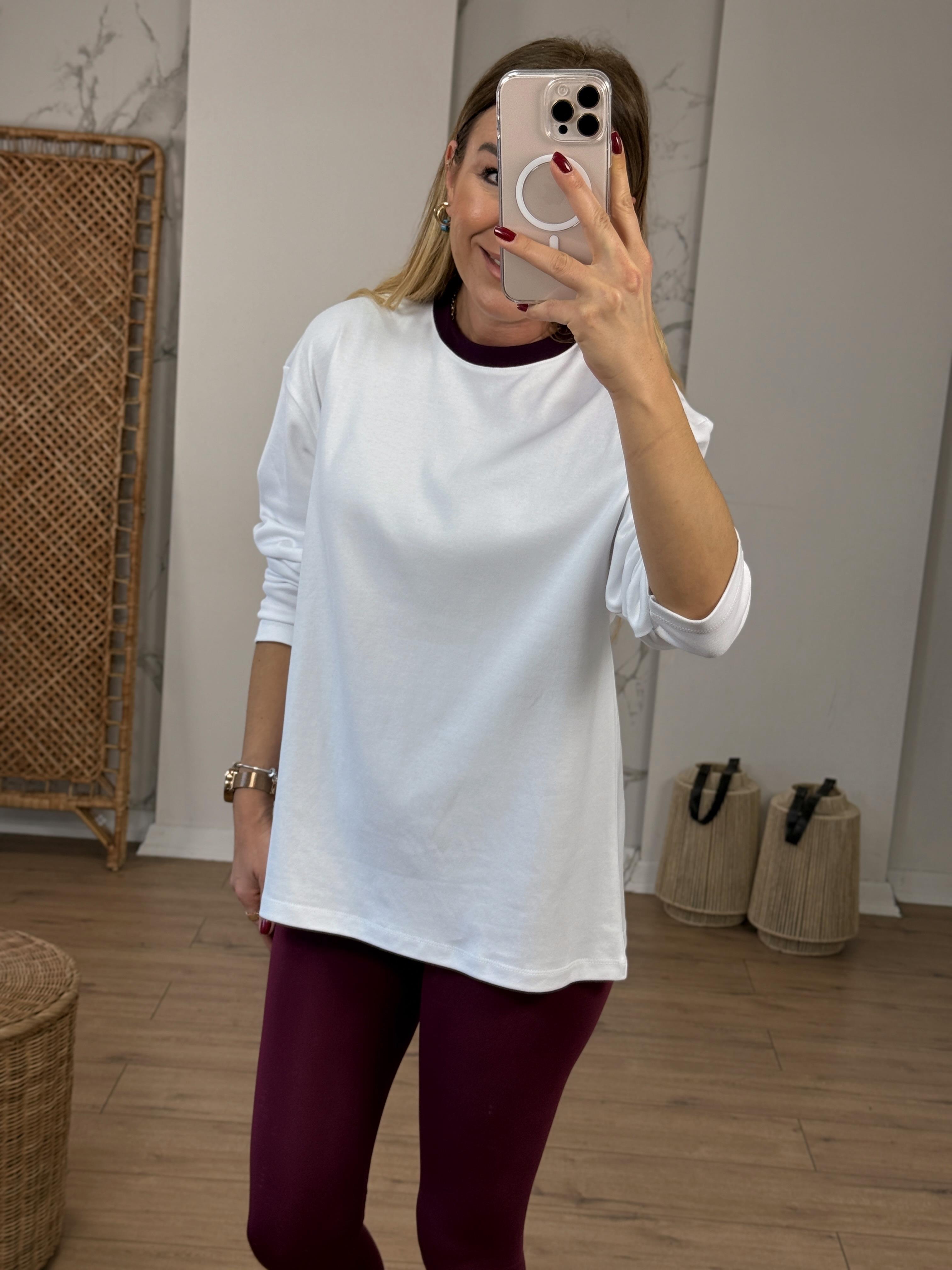 Bisiklet Yaka İki Renkli İnce Sweat BEYAZ