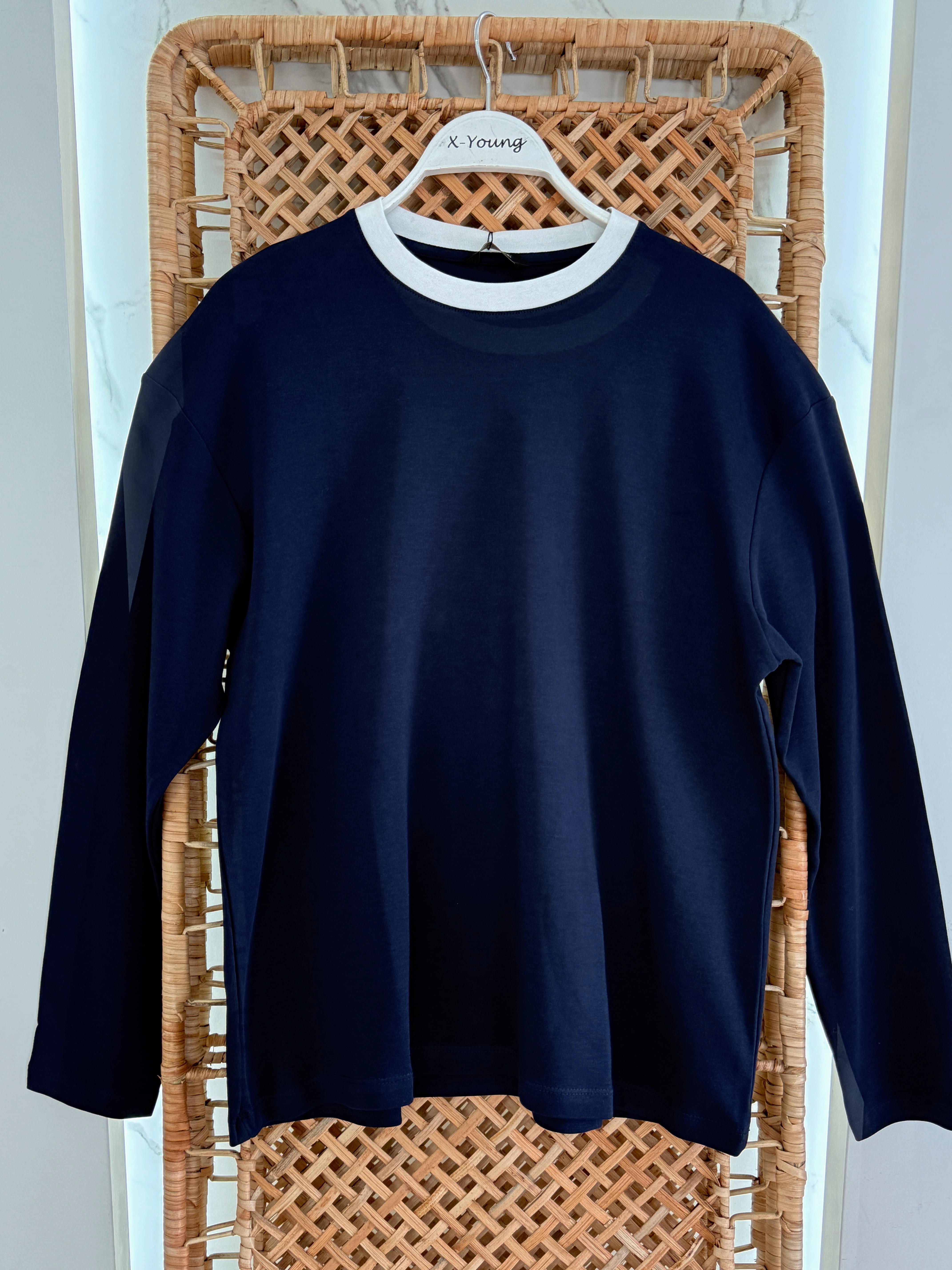 Bisiklet Yaka İki Renkli İnce Sweat LACİVERT