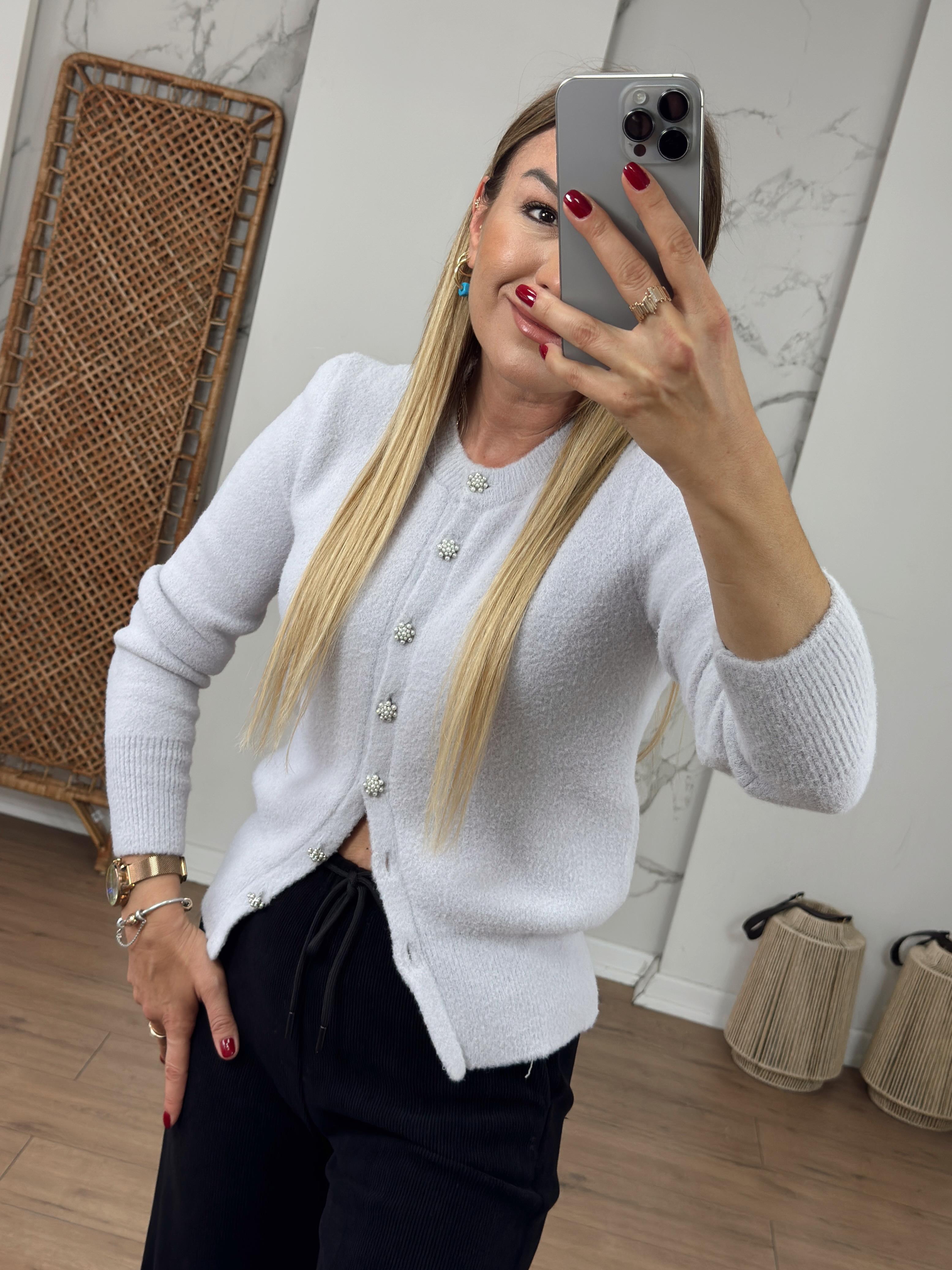 Bisiklet Yaka İnci Düğmeli Hırka GRİ