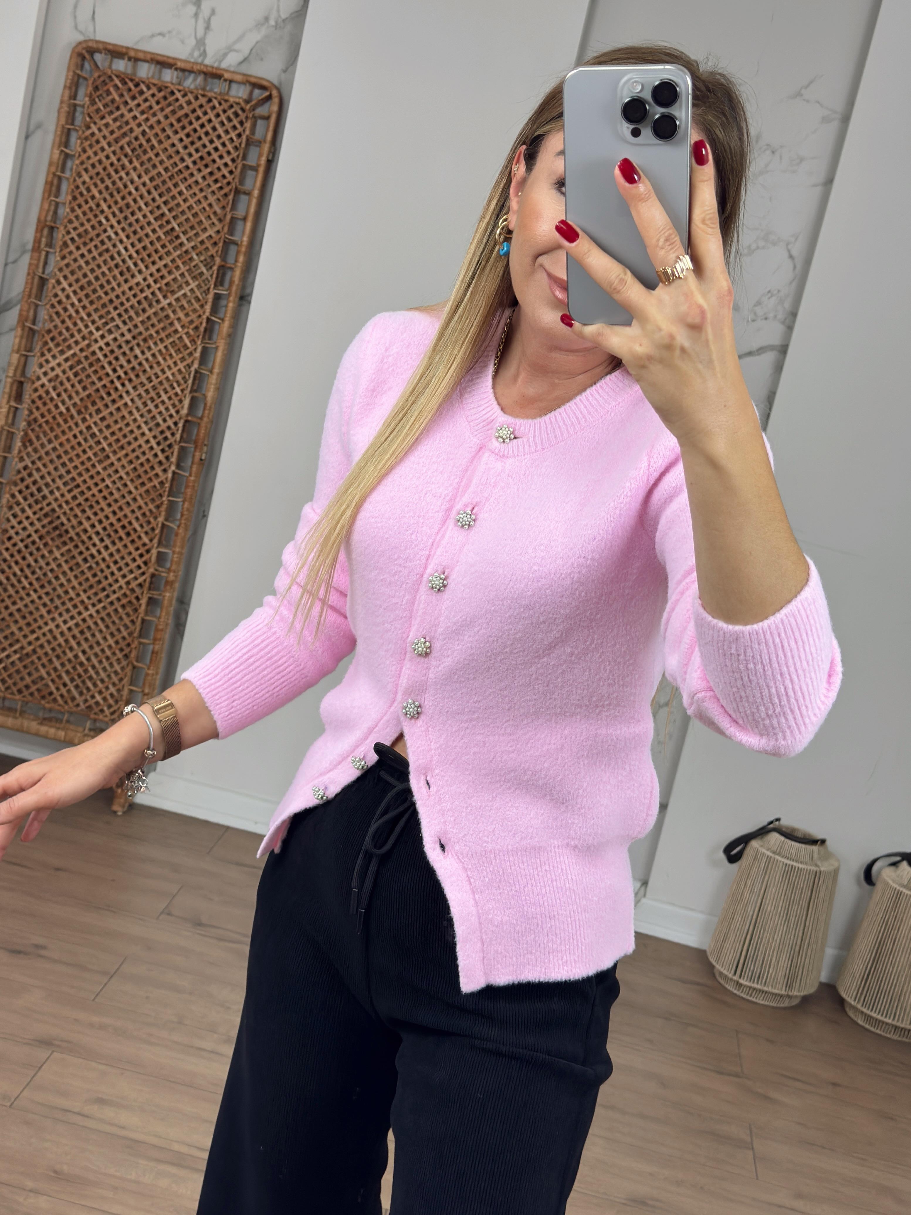 Bisiklet Yaka İnci Düğmeli Hırka PEMBE