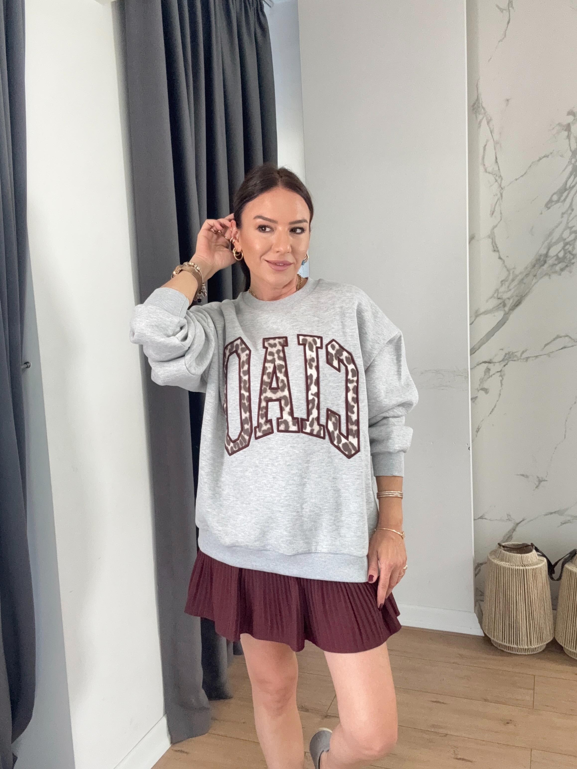 Bisiklet Yaka Nakışlı Sweatshirt GRİ