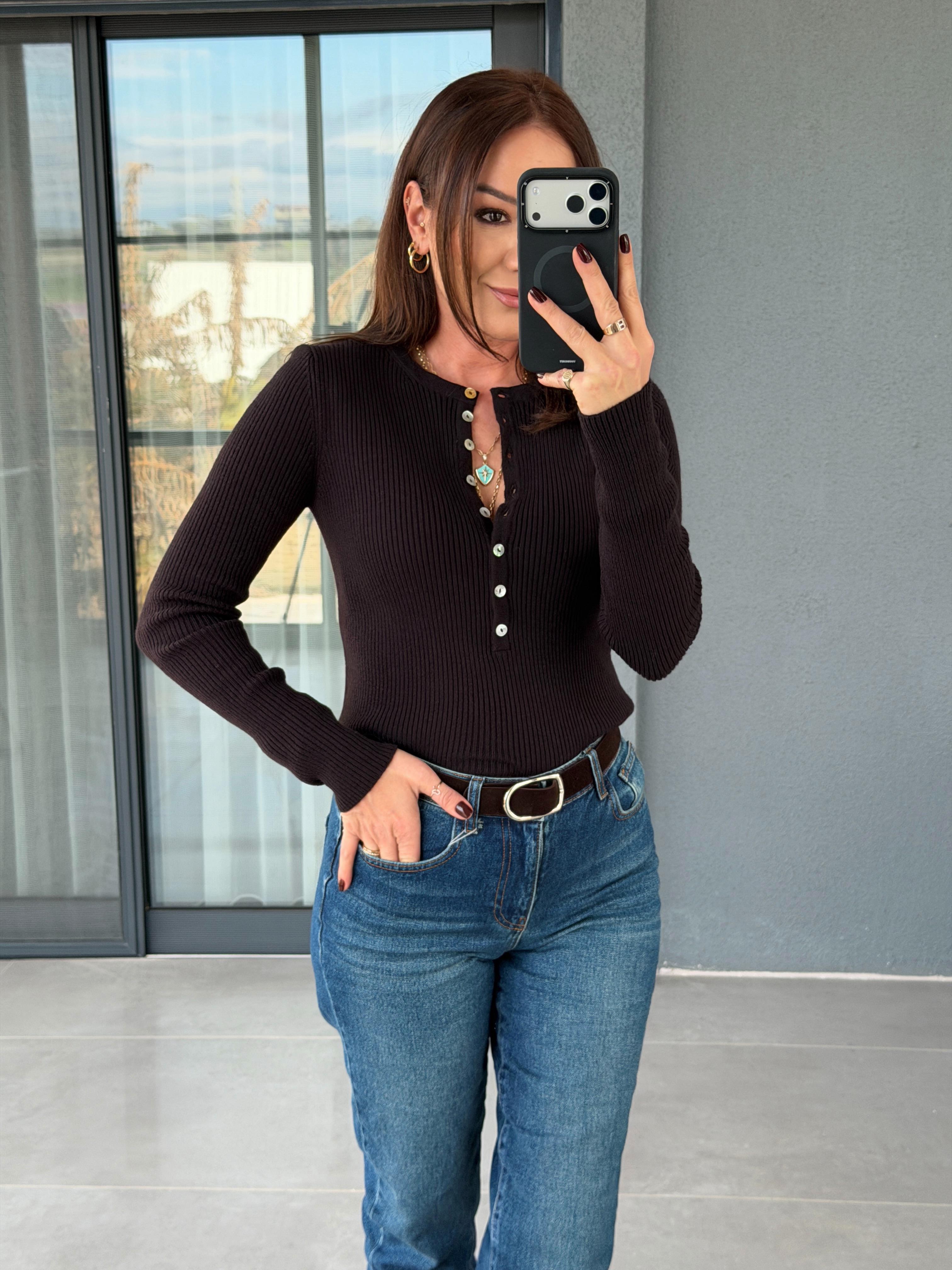 Bisiklet Yaka Önü Düğmeli Triko KOYU KAHVE
