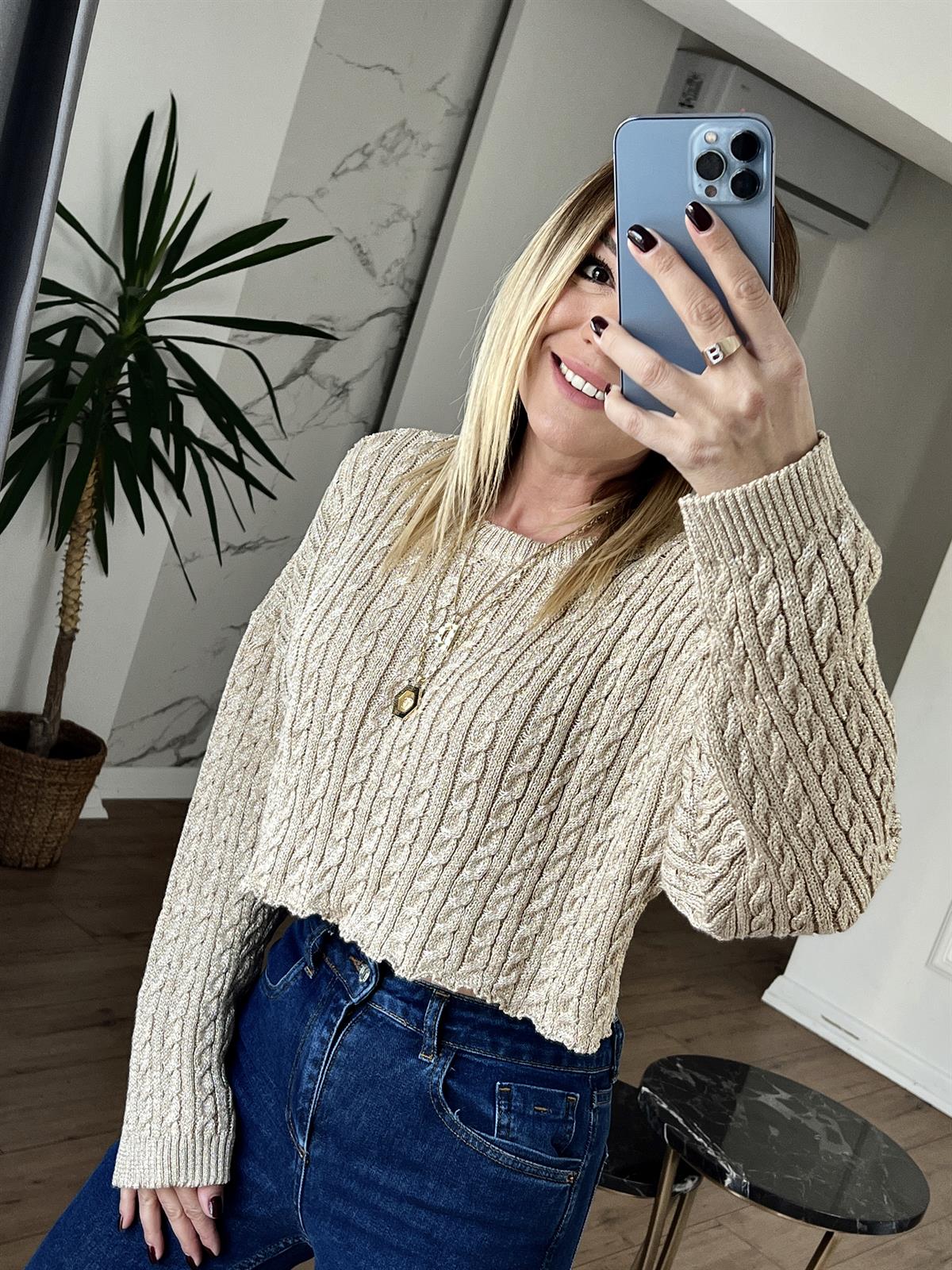 Bisiklet Yaka Saç Örgülü Crop GOLD