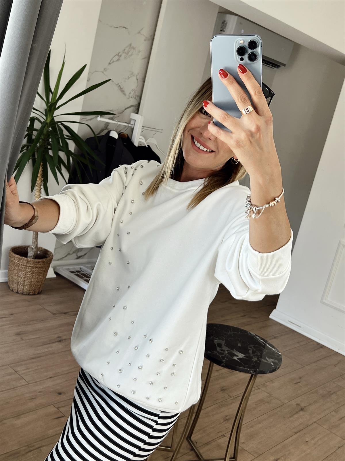Bisiklet Yaka Taşlı Sweat BEYAZ