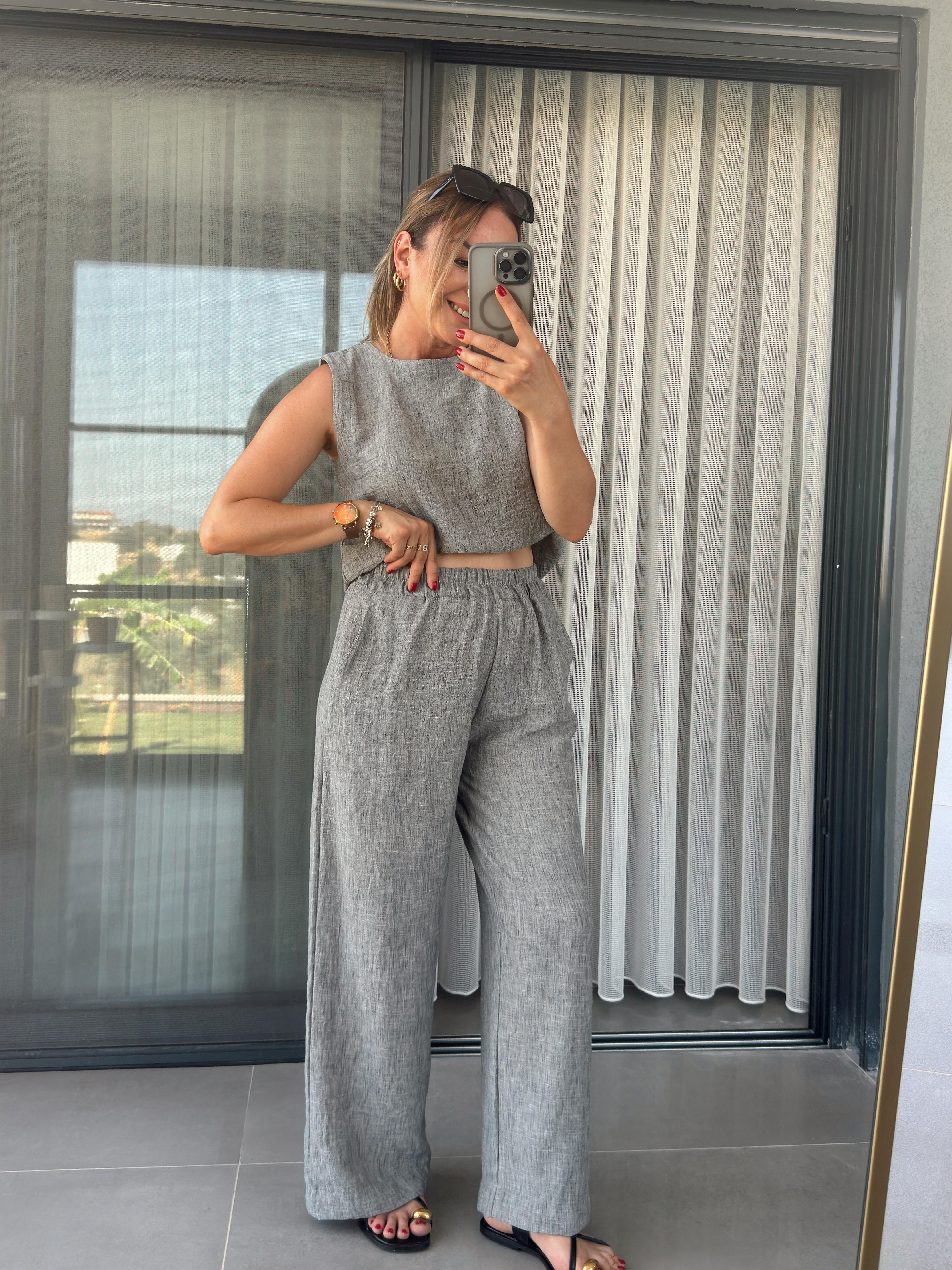 Bluz Pantolon Keten Takım GRİ