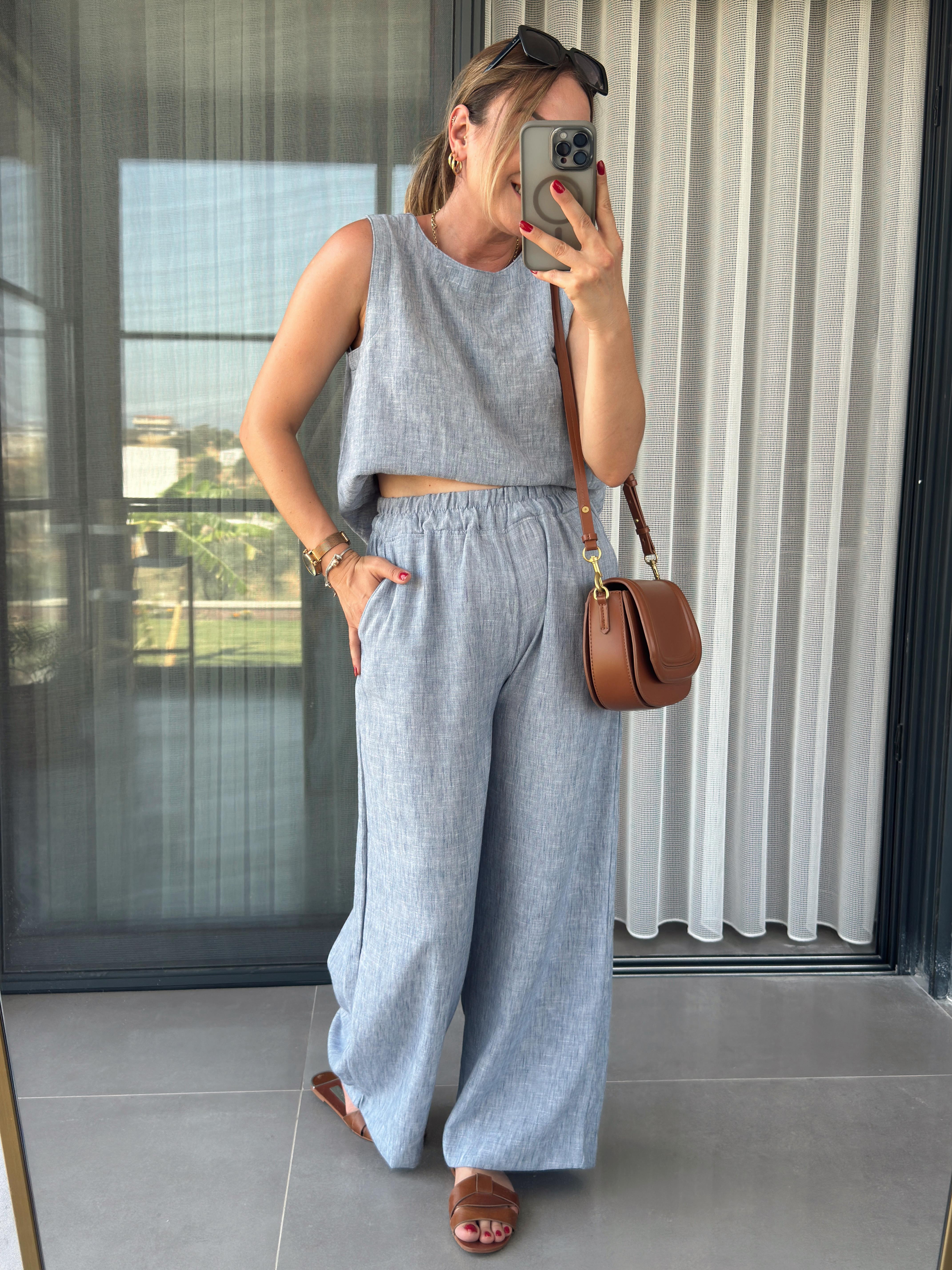 Bluz Pantolon Keten Takım MAVİ