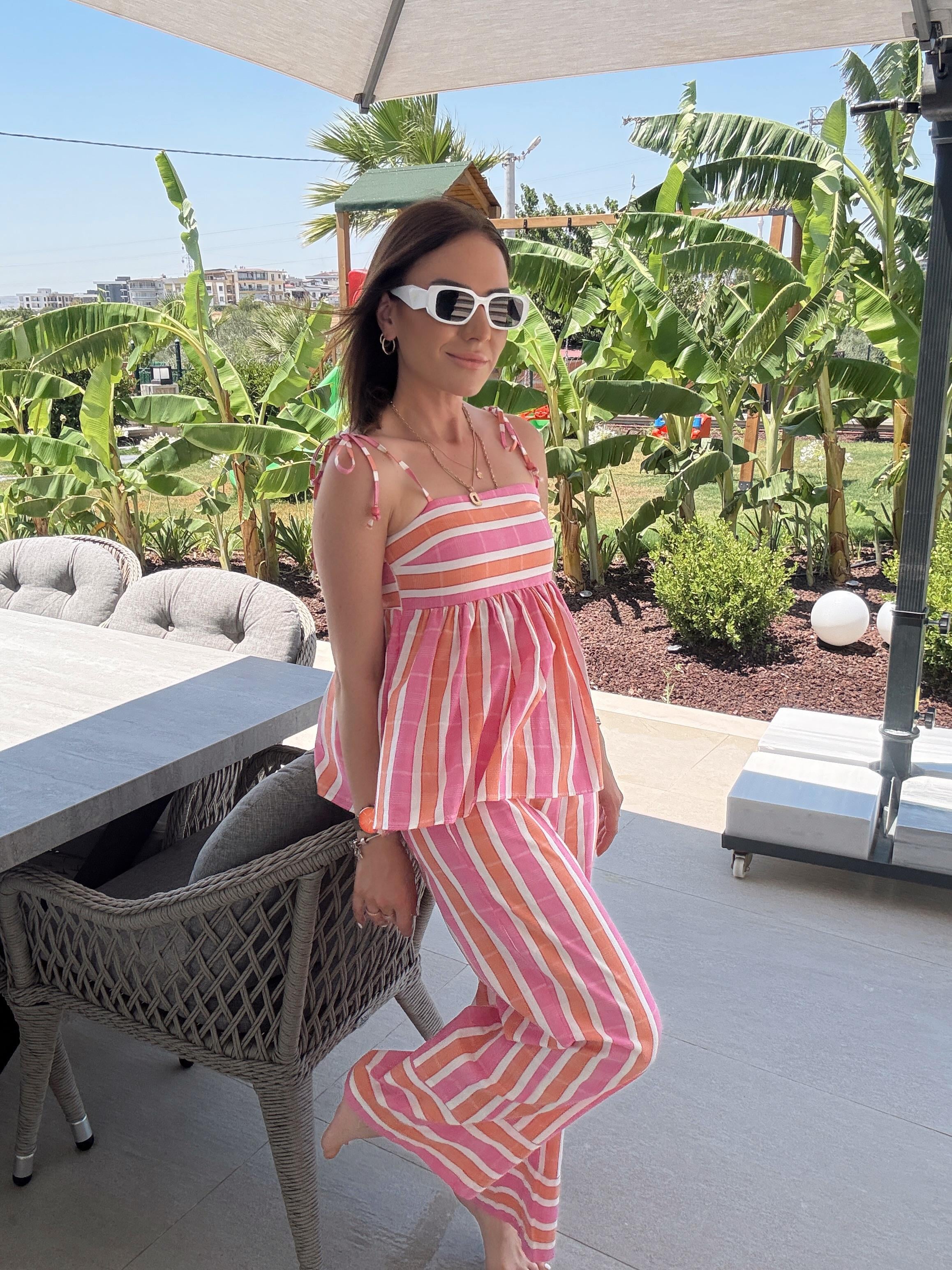 Bol Paça Çizgili Pantolon PEMBE