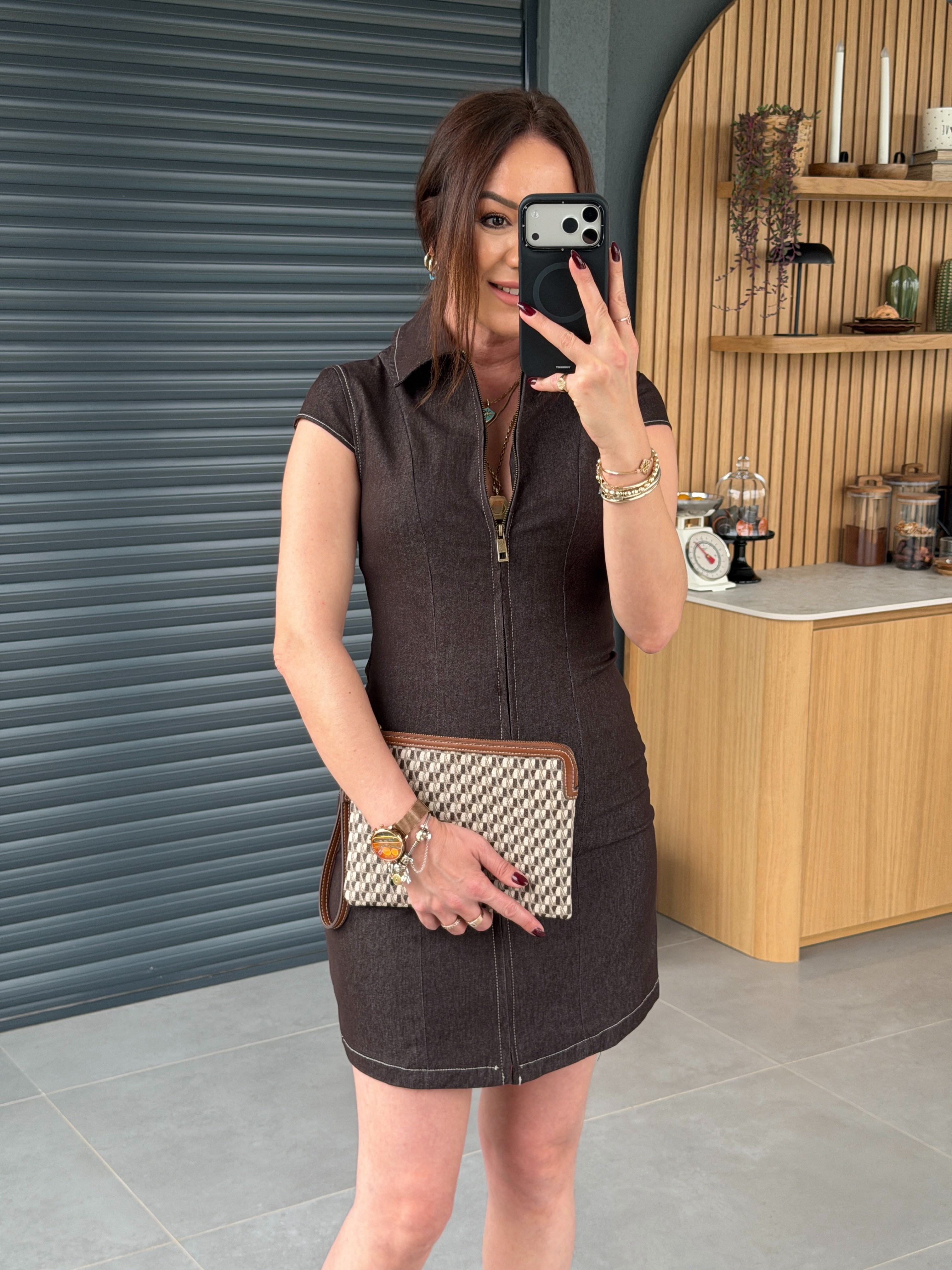 Boydan Fermuarlı Kolsuz Elbise KAHVE