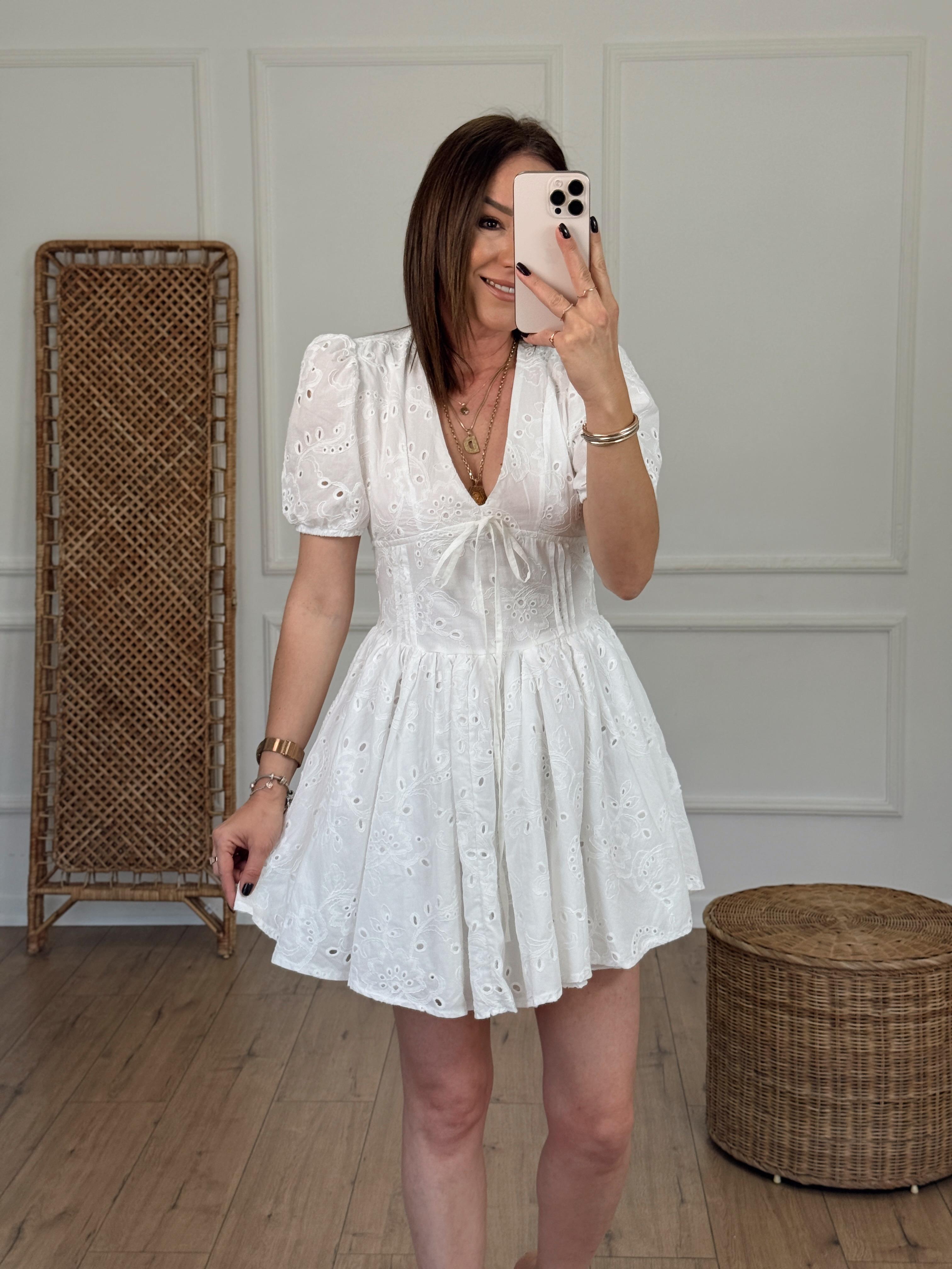 Brodeli Sırtı Açık Mini Elbise EKRU