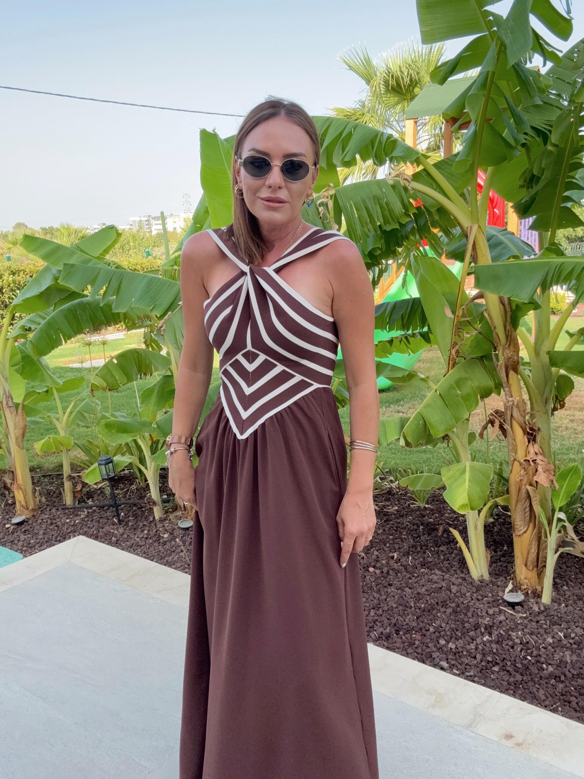 Çapraz Triko Detaylı Cepli Elbise KAHVE