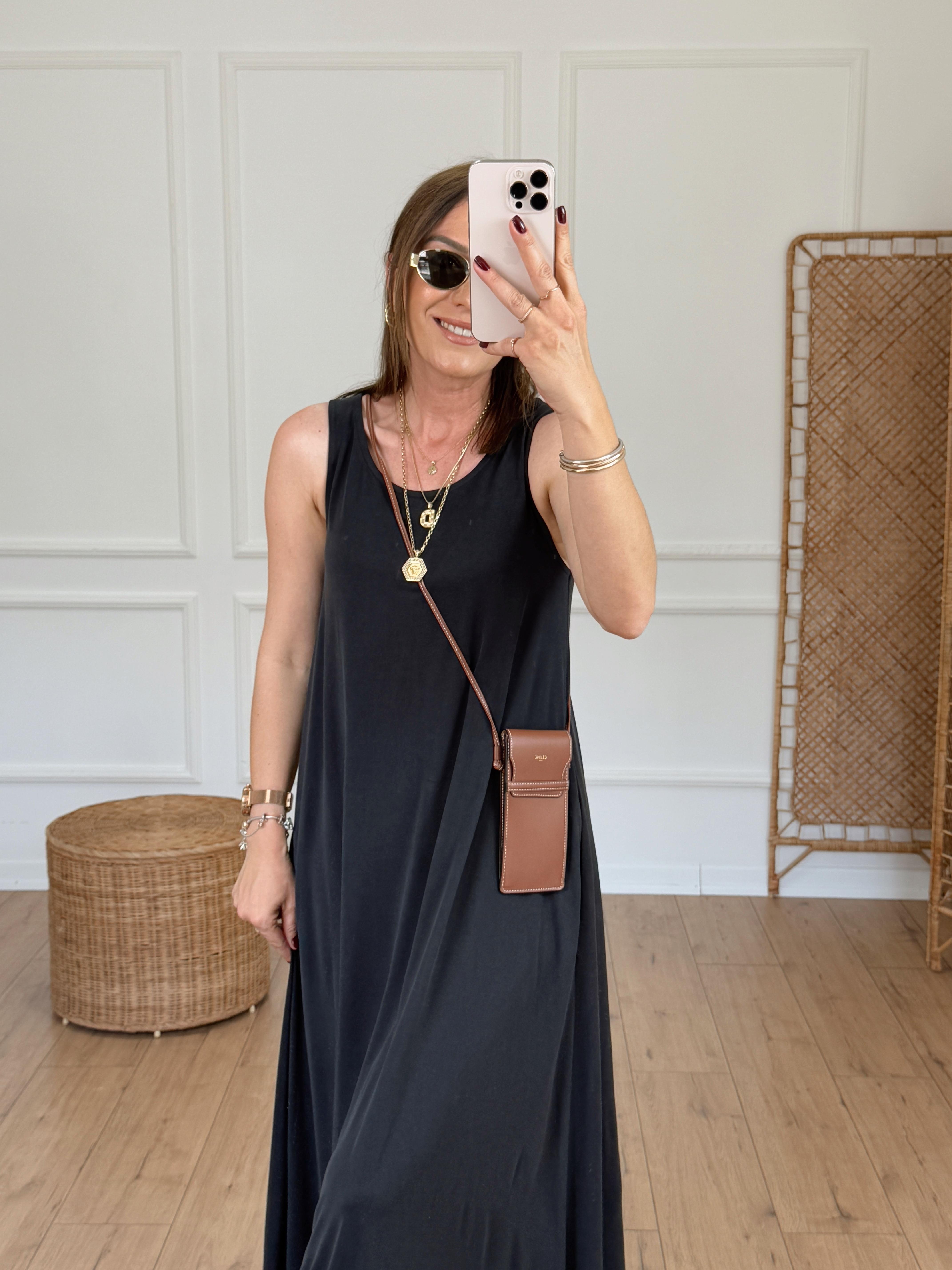 Cep Detaylı Askılı Uzun Elbise ANTRASİT