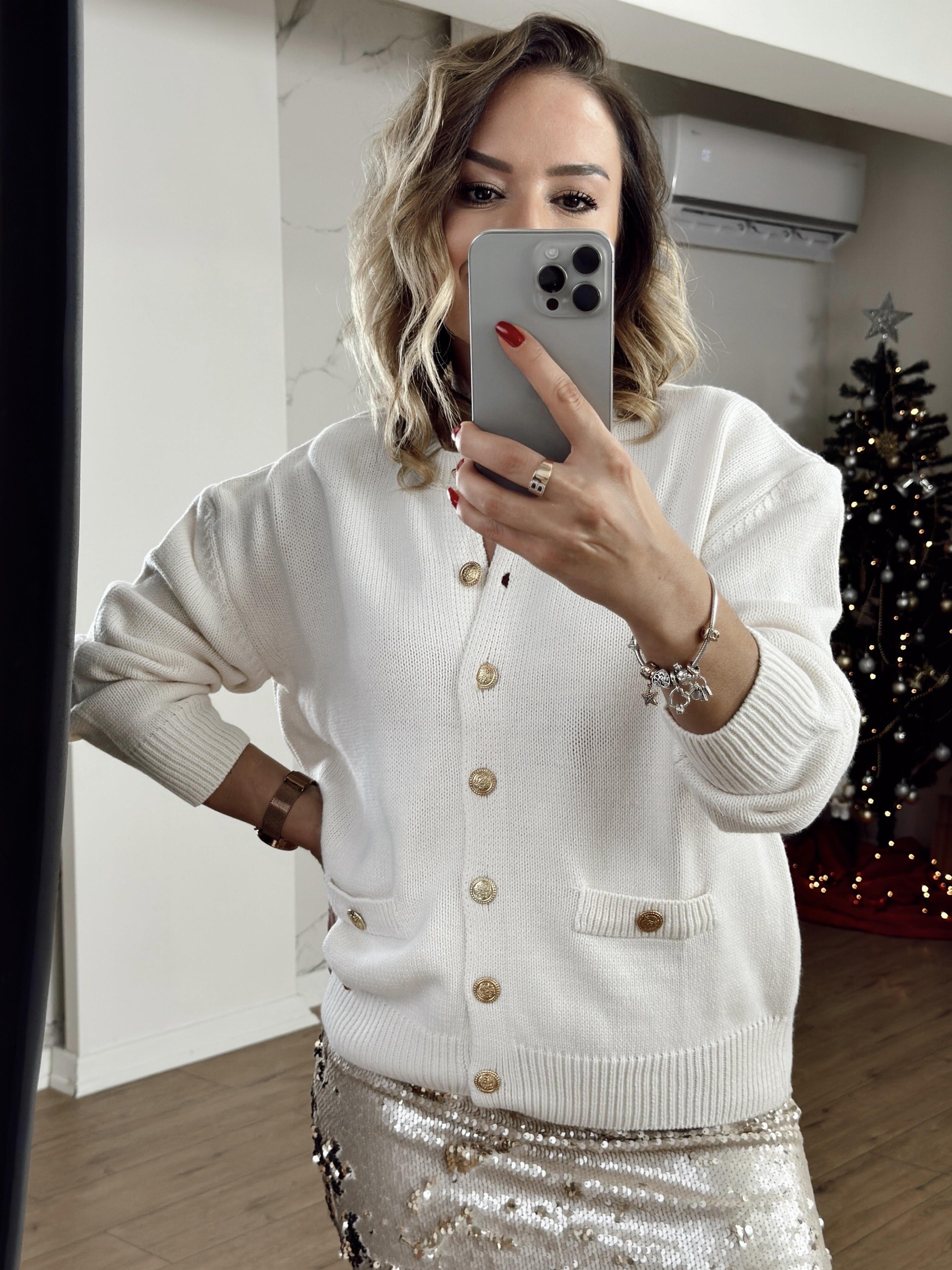 Cep Detaylı Gold Düğmeli Hırka TAŞ