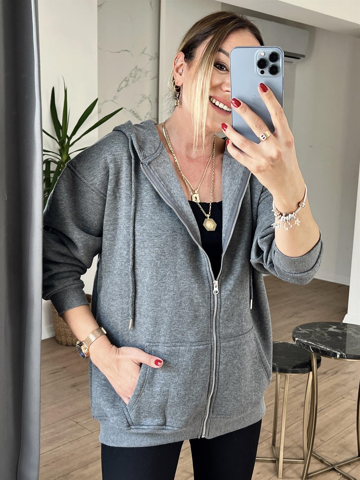 Cepli Fermuarlı Kapüşonlu Sweat KOYU GRİ