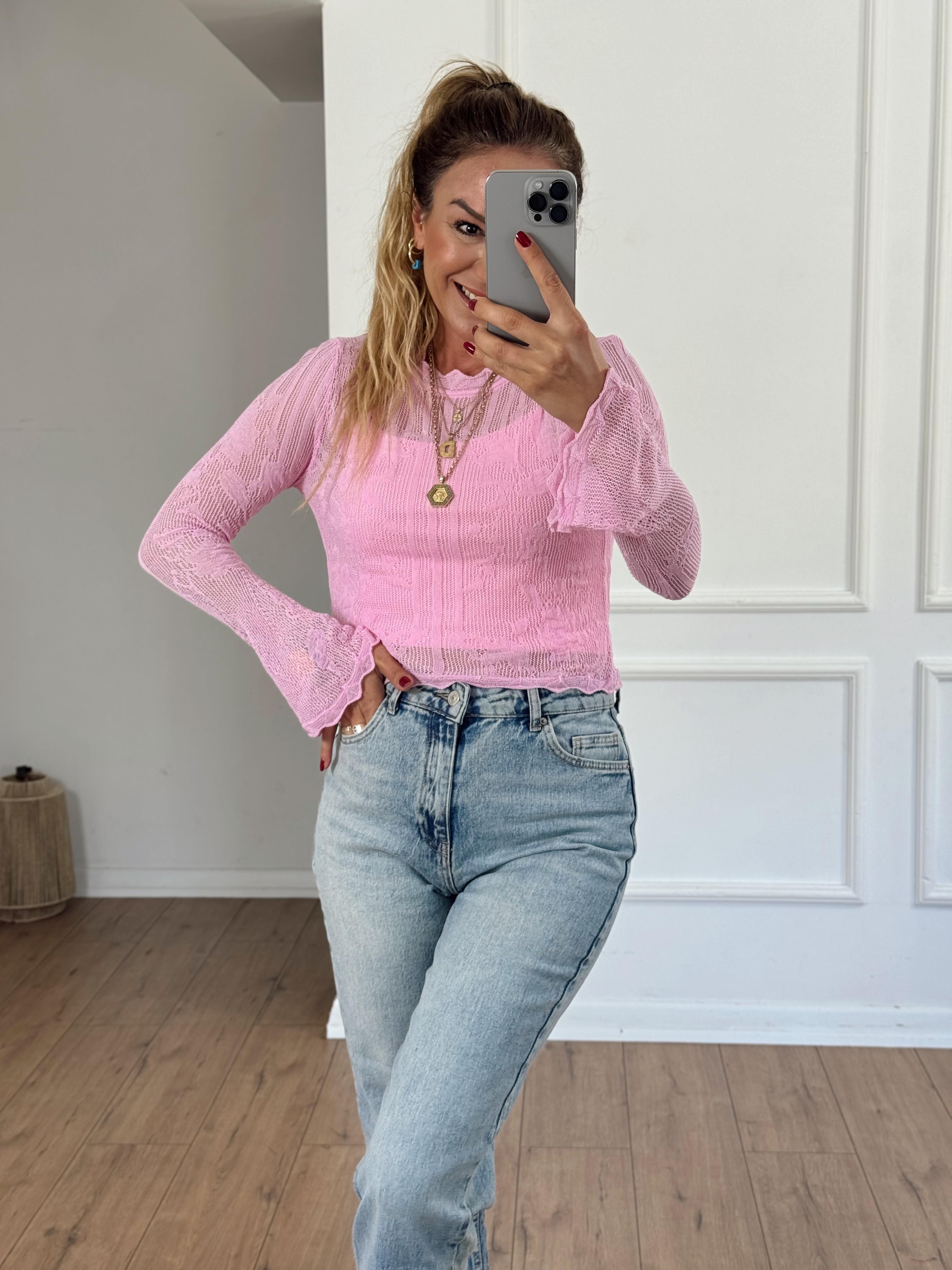 Çiçek Ajurlu Düğmeli Triko Bluz PEMBE