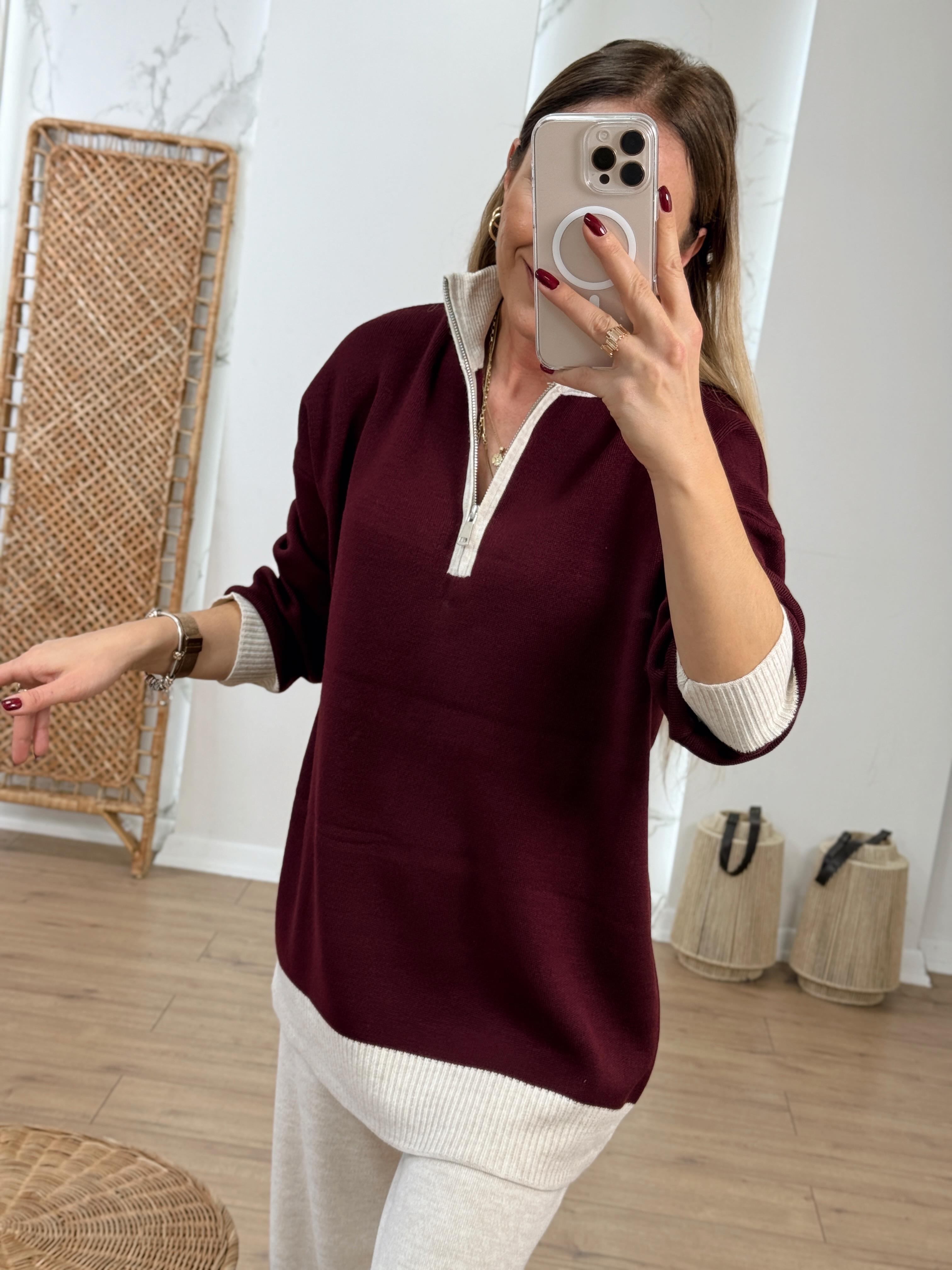 Çift Renkli İkili Triko Takım BORDO