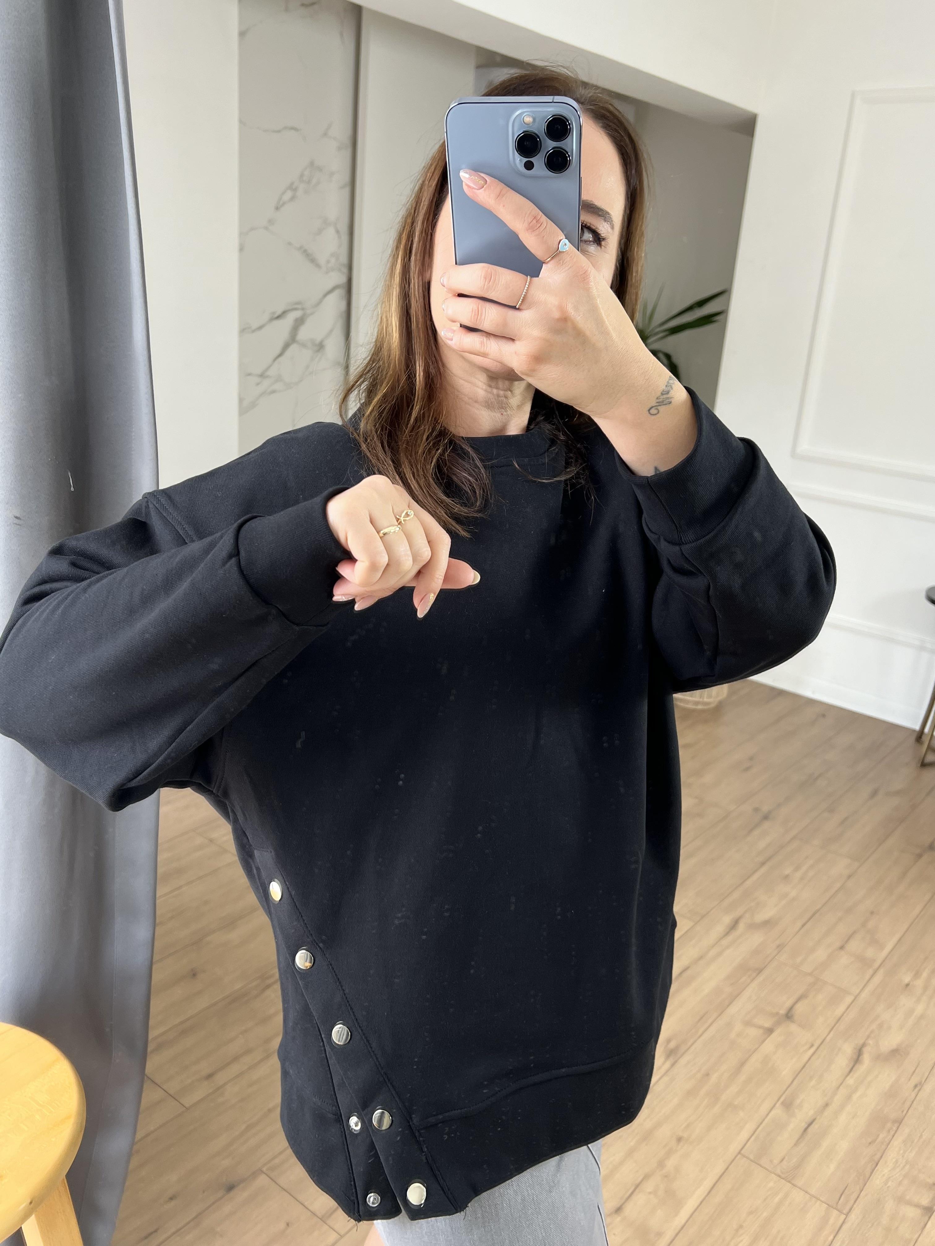 Çıtçıt Detaylı Bisiklet Yaka Sweat SİYAH