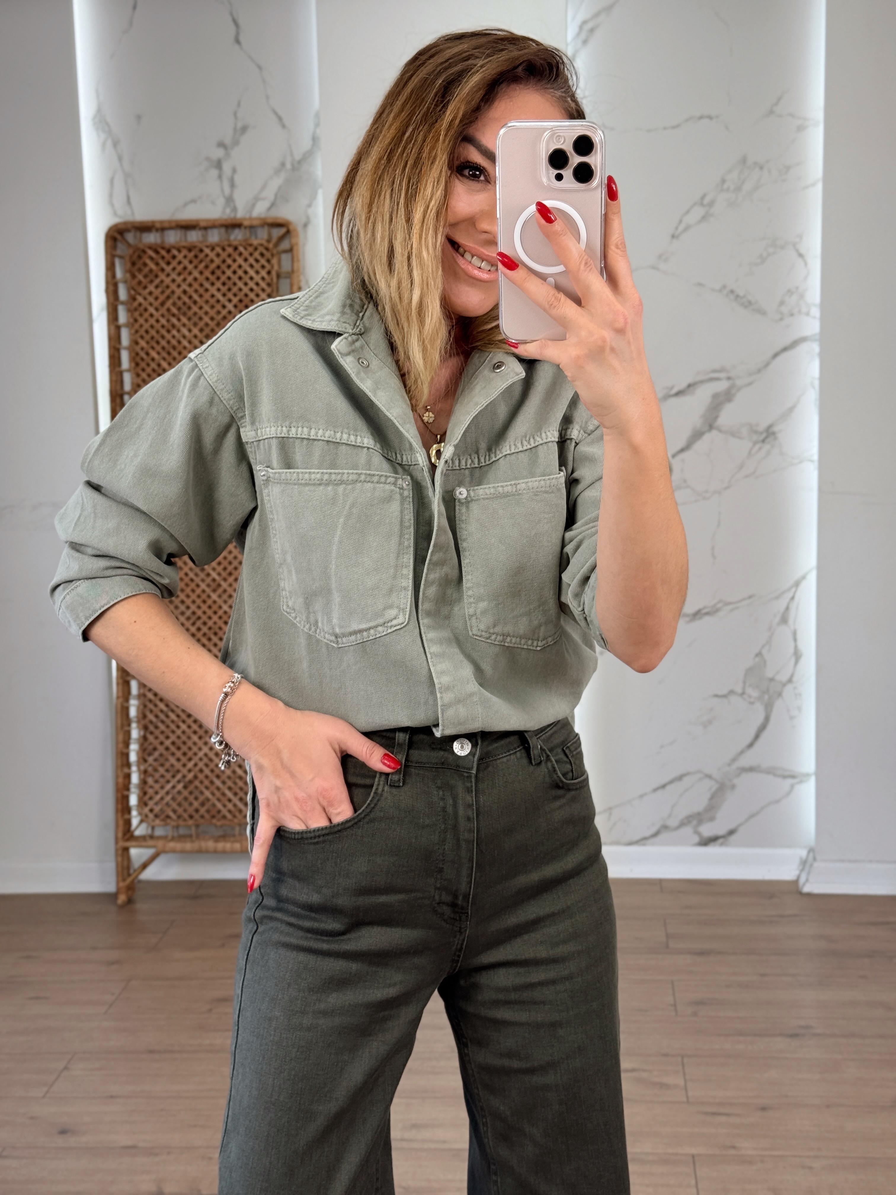 Çıtçıtlı Cep Detaylı Gabardin Ceket HAKİ