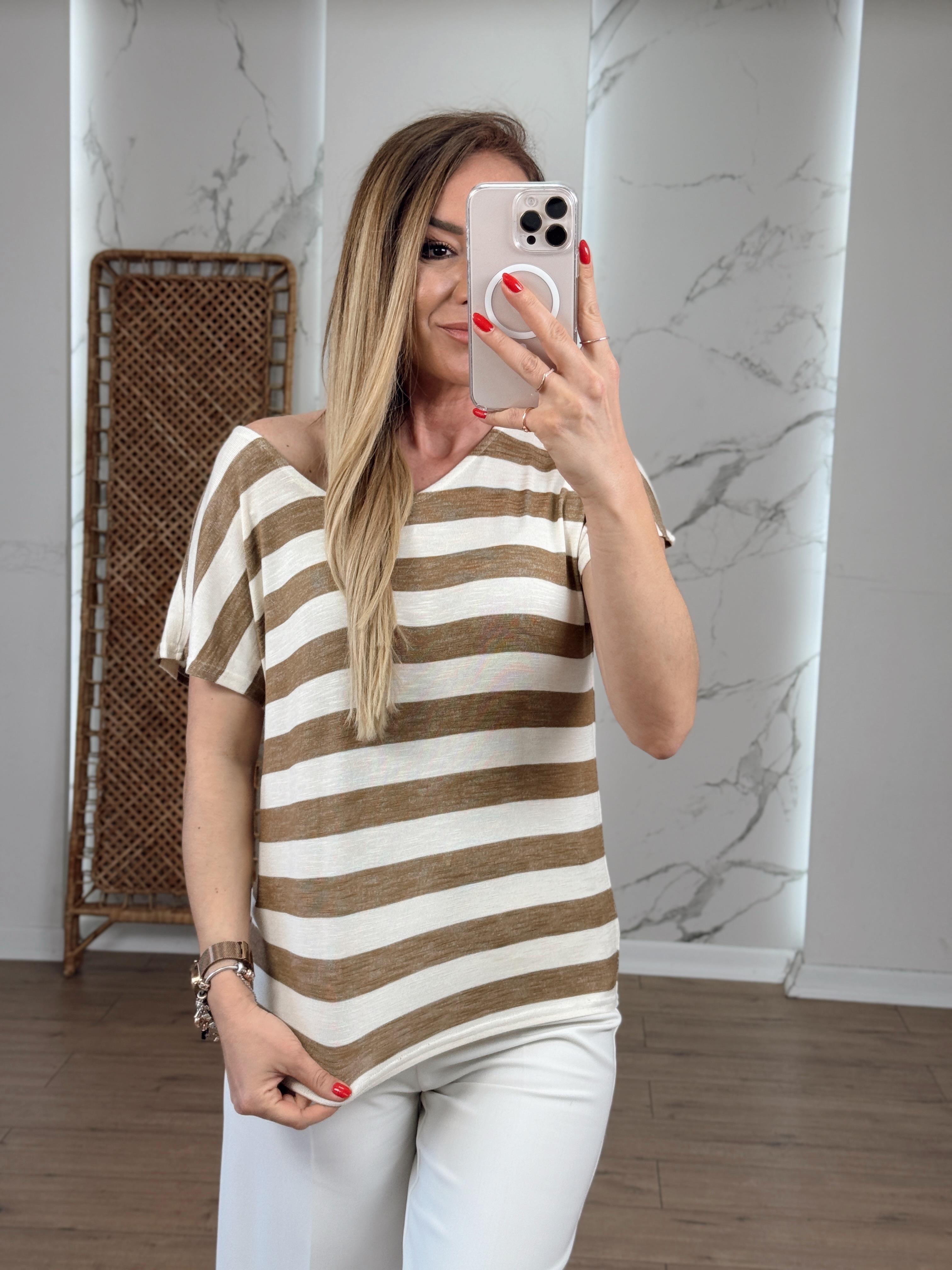 Çizgili Bisiklet Yaka Sıfır Kol Tshirt KAHVE