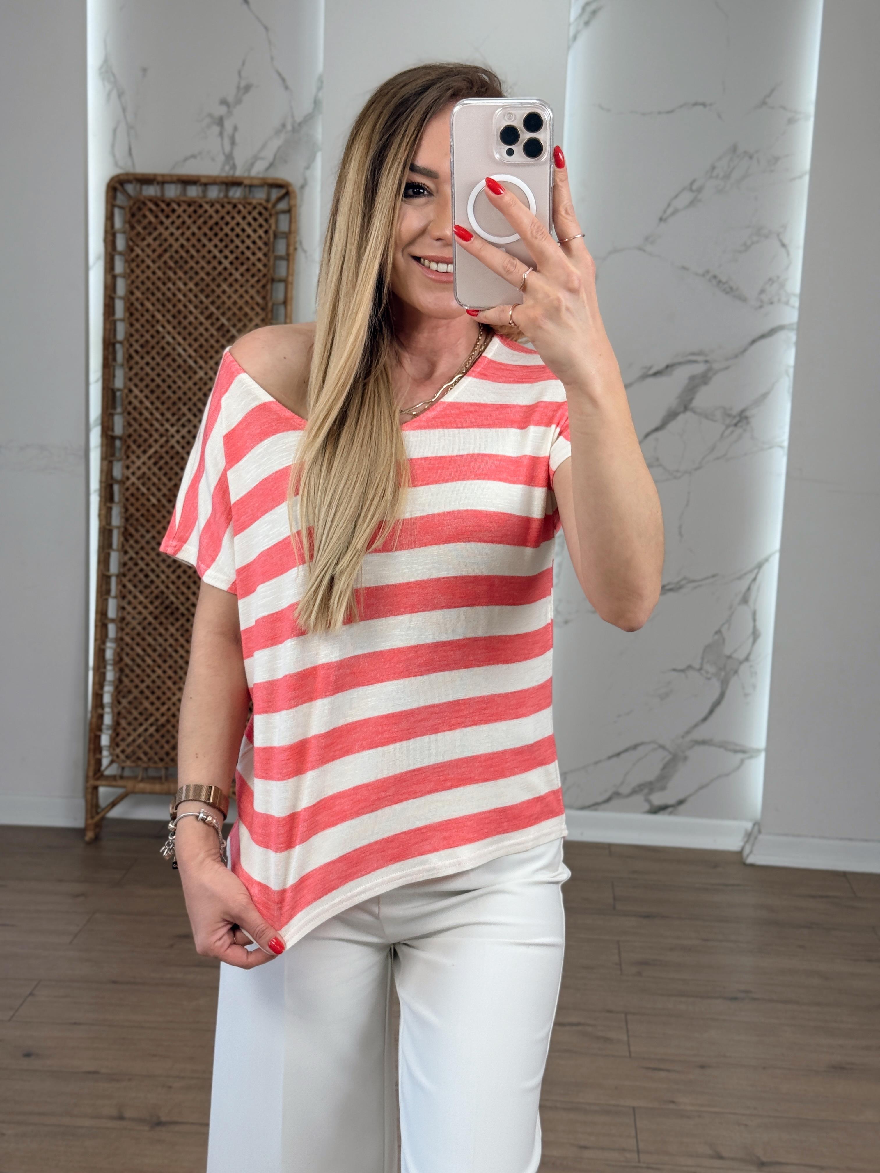Çizgili Bisiklet Yaka Sıfır Kol Tshirt MERCAN
