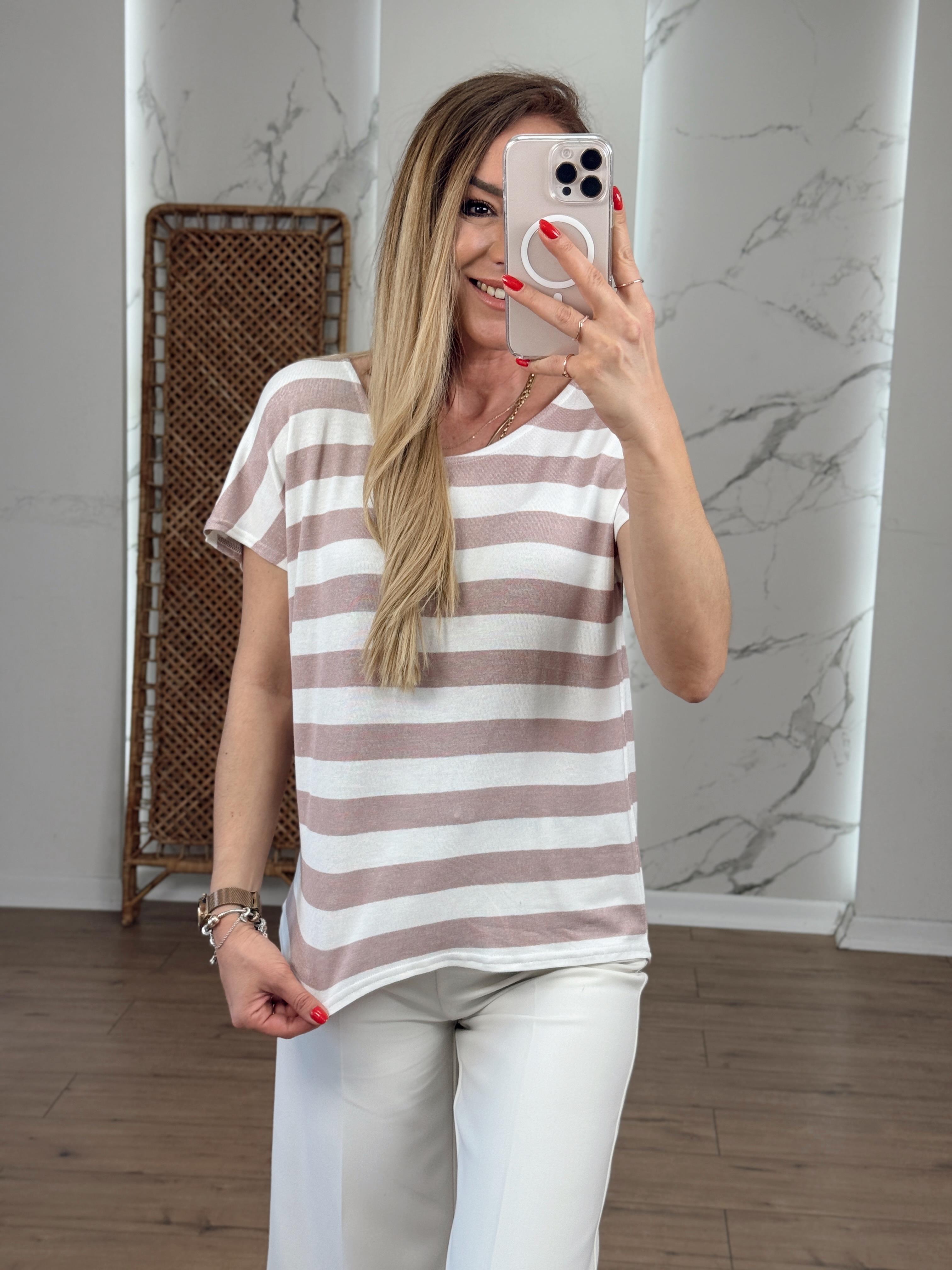 Çizgili Bisiklet Yaka Sıfır Kol Tshirt PUDRA