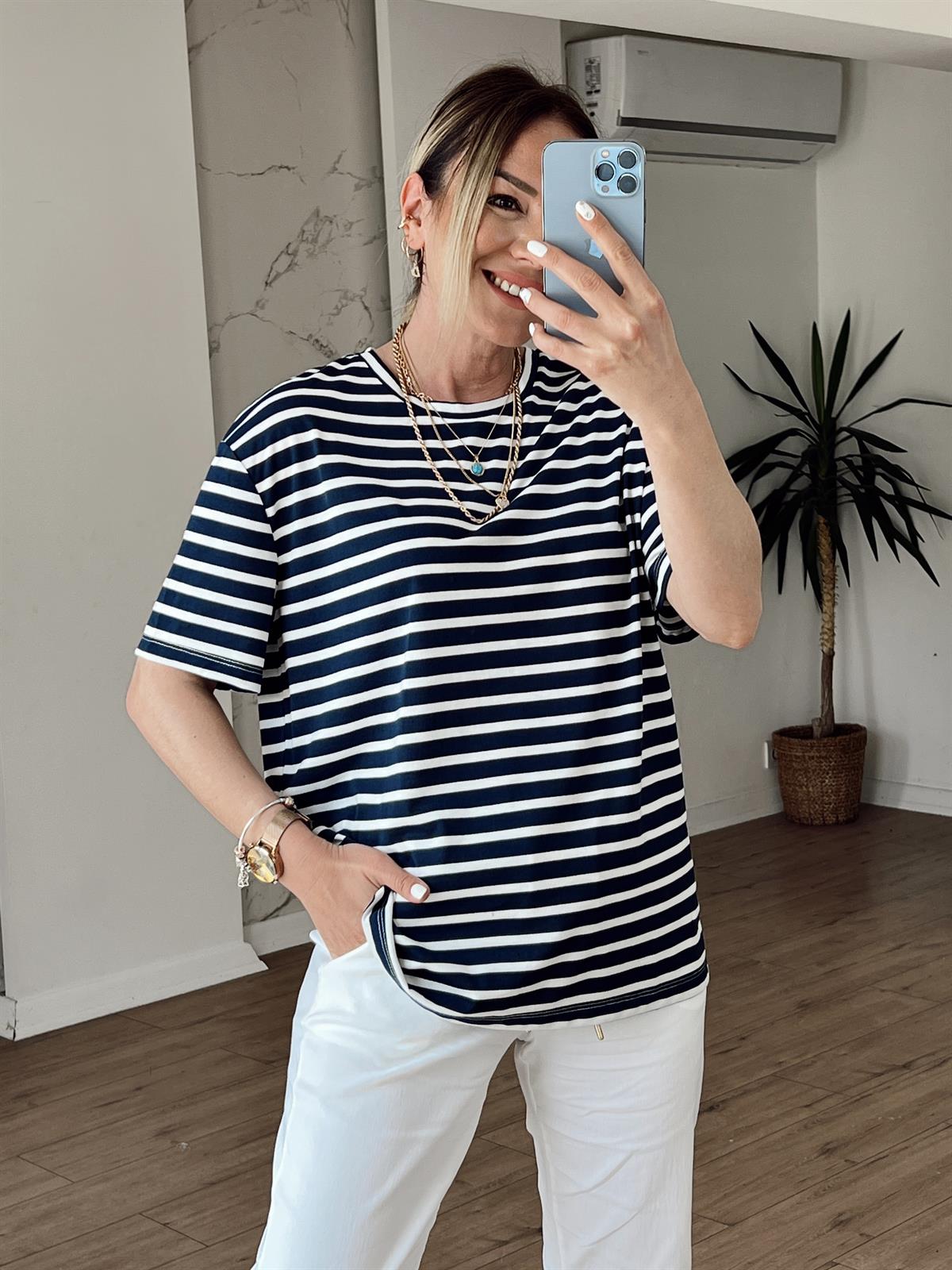 Çizgili Bisiklet Yaka Tshirt LACİVERT