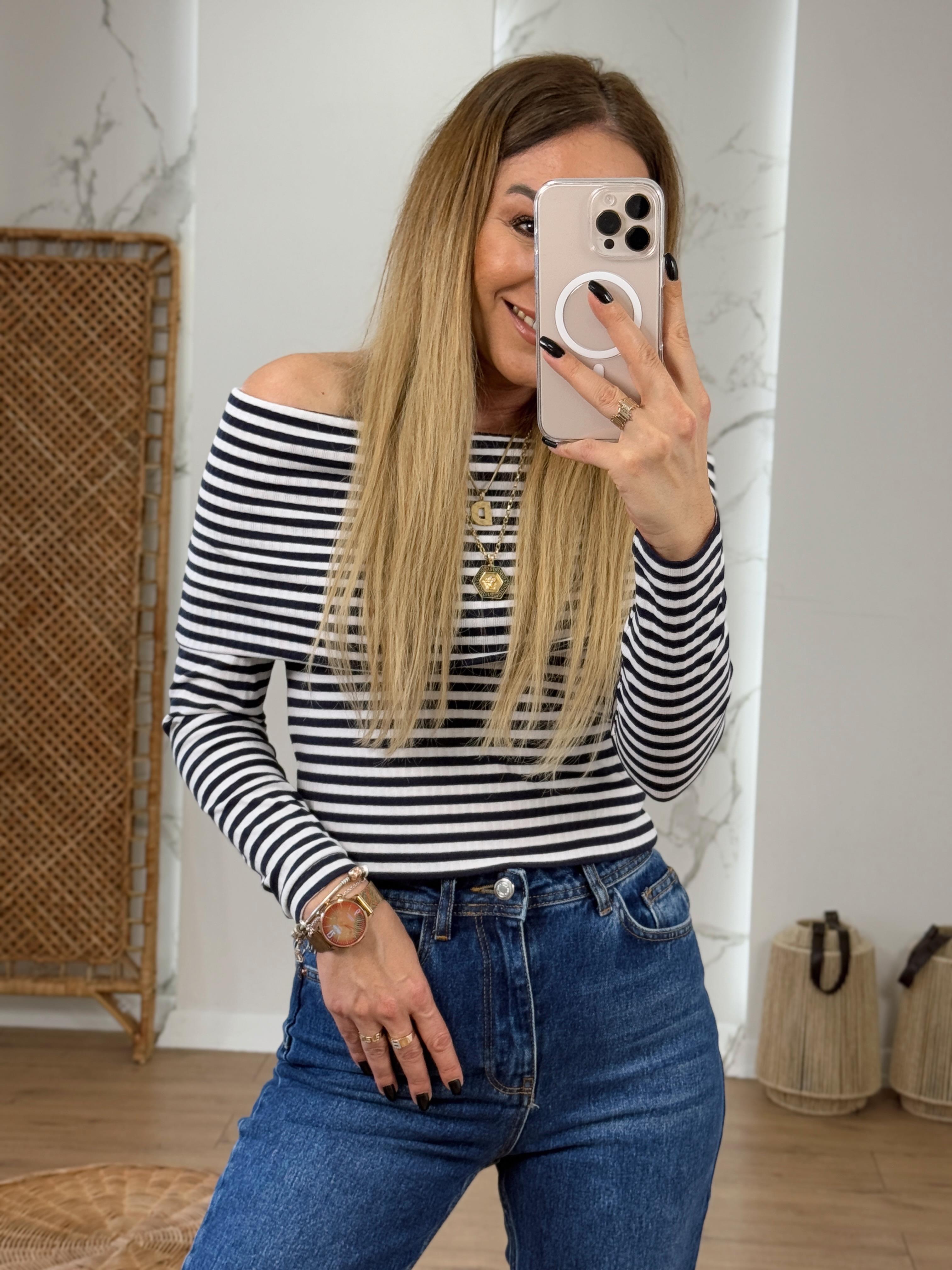 Striped Off Shoulder Blouse Navy Blue