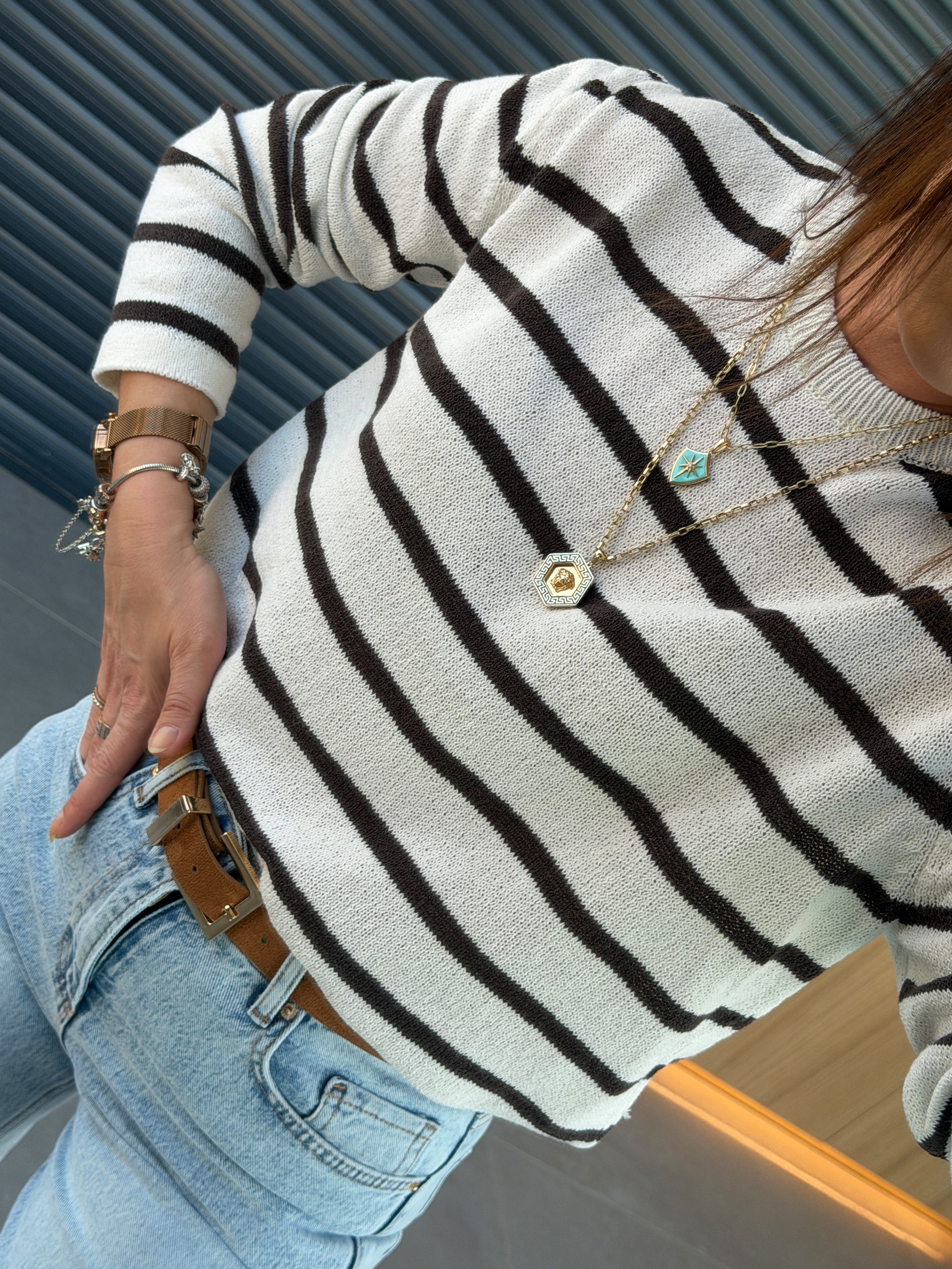 Çizgili Merserize Triko EKRU