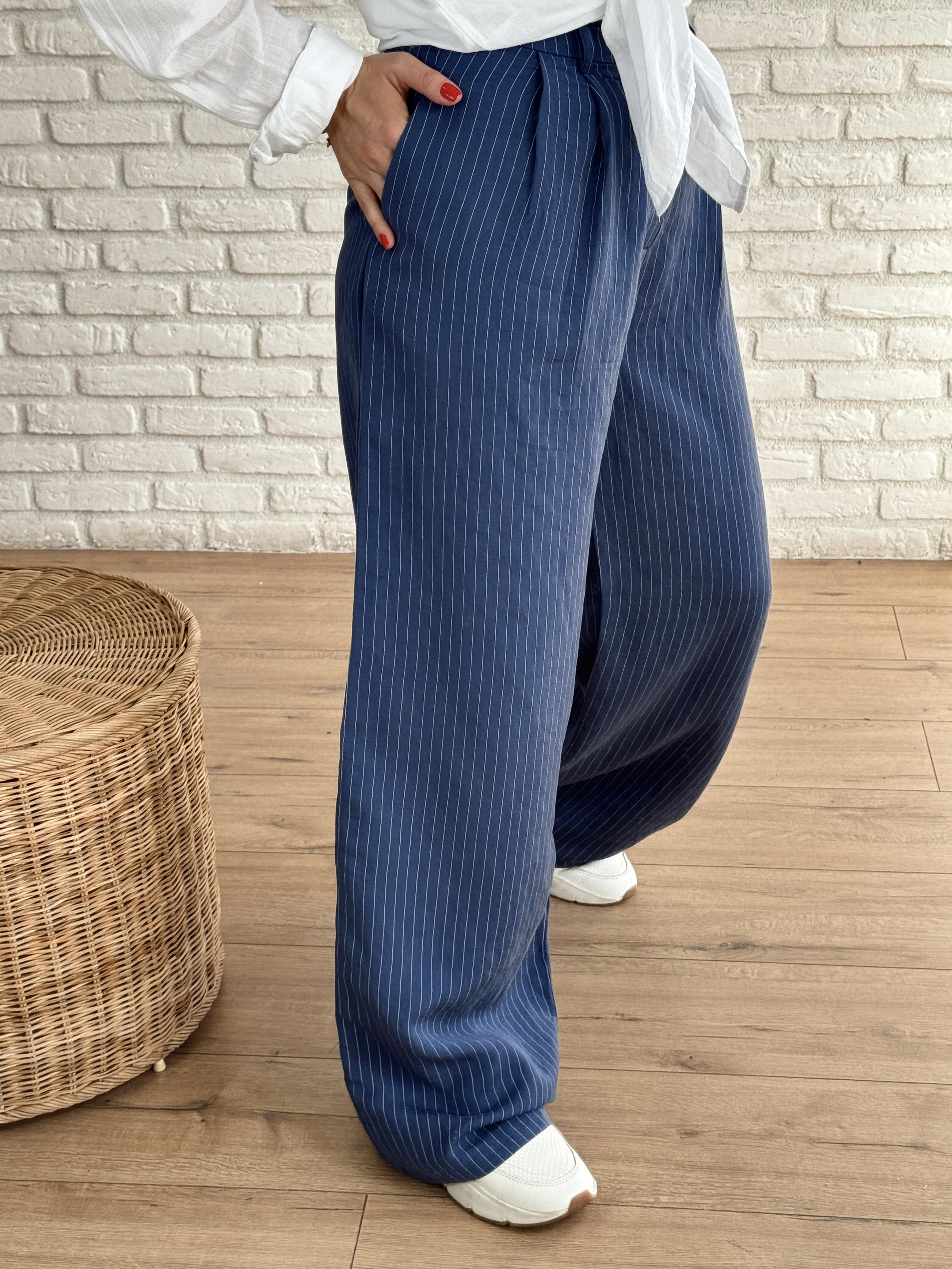 Çizgili Pileli Bol Paça Pantolon LACİVERT