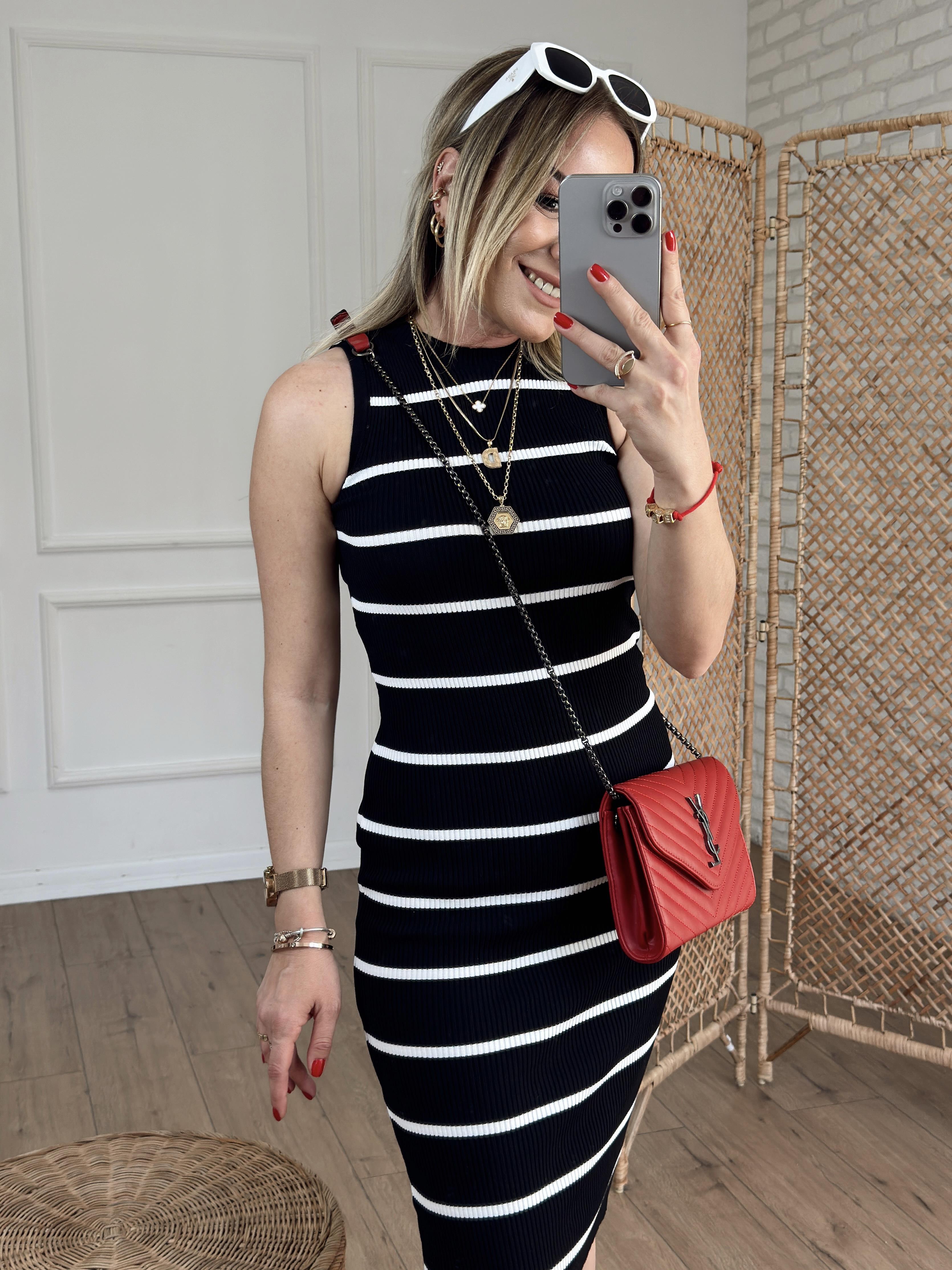 Çizgili Triko Elbise SİYAH BEYAZ