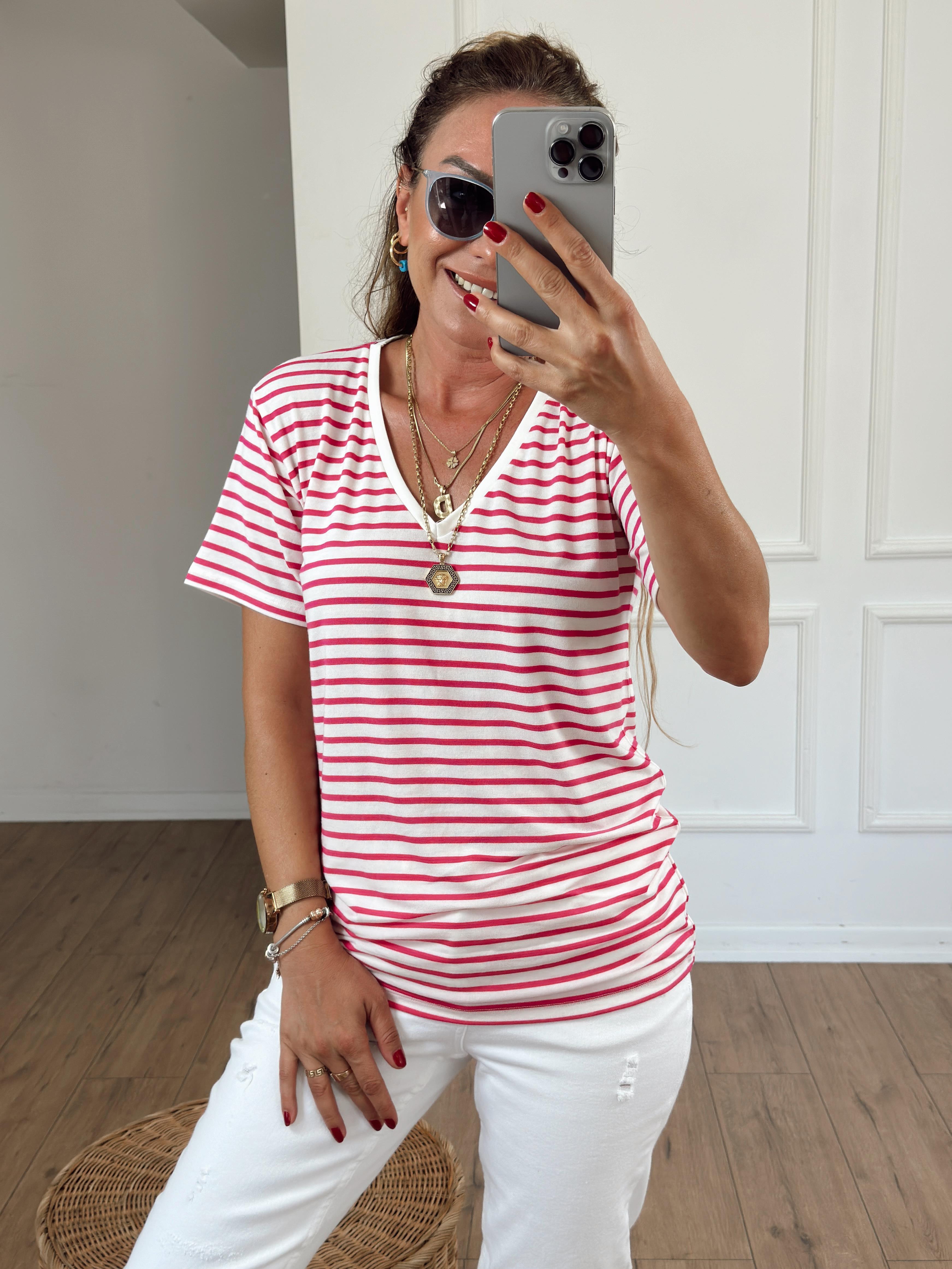Çizgili V Yaka Tshirt FUSYA