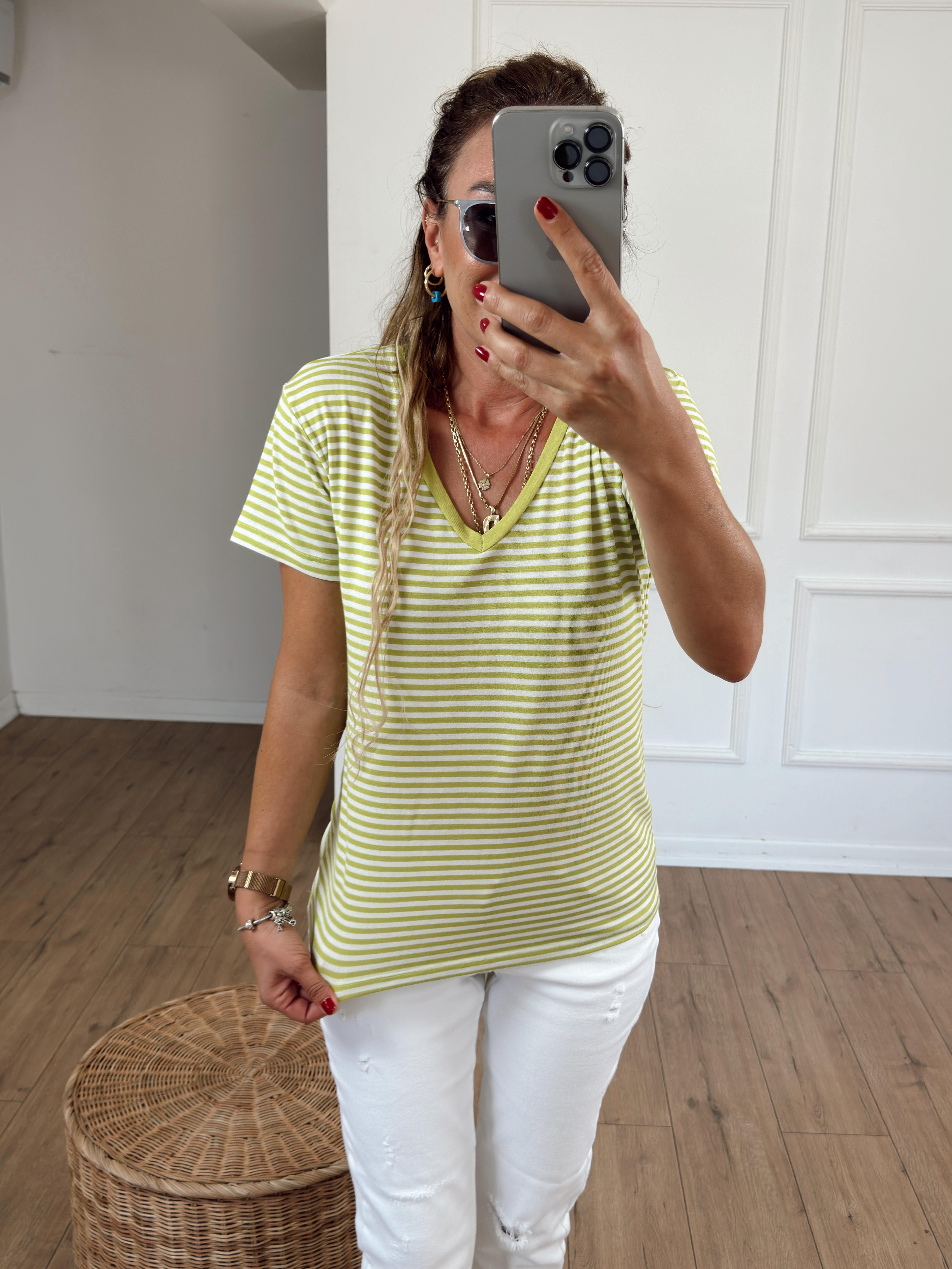 Çizgili V Yaka Tshirt NEON YEŞİL