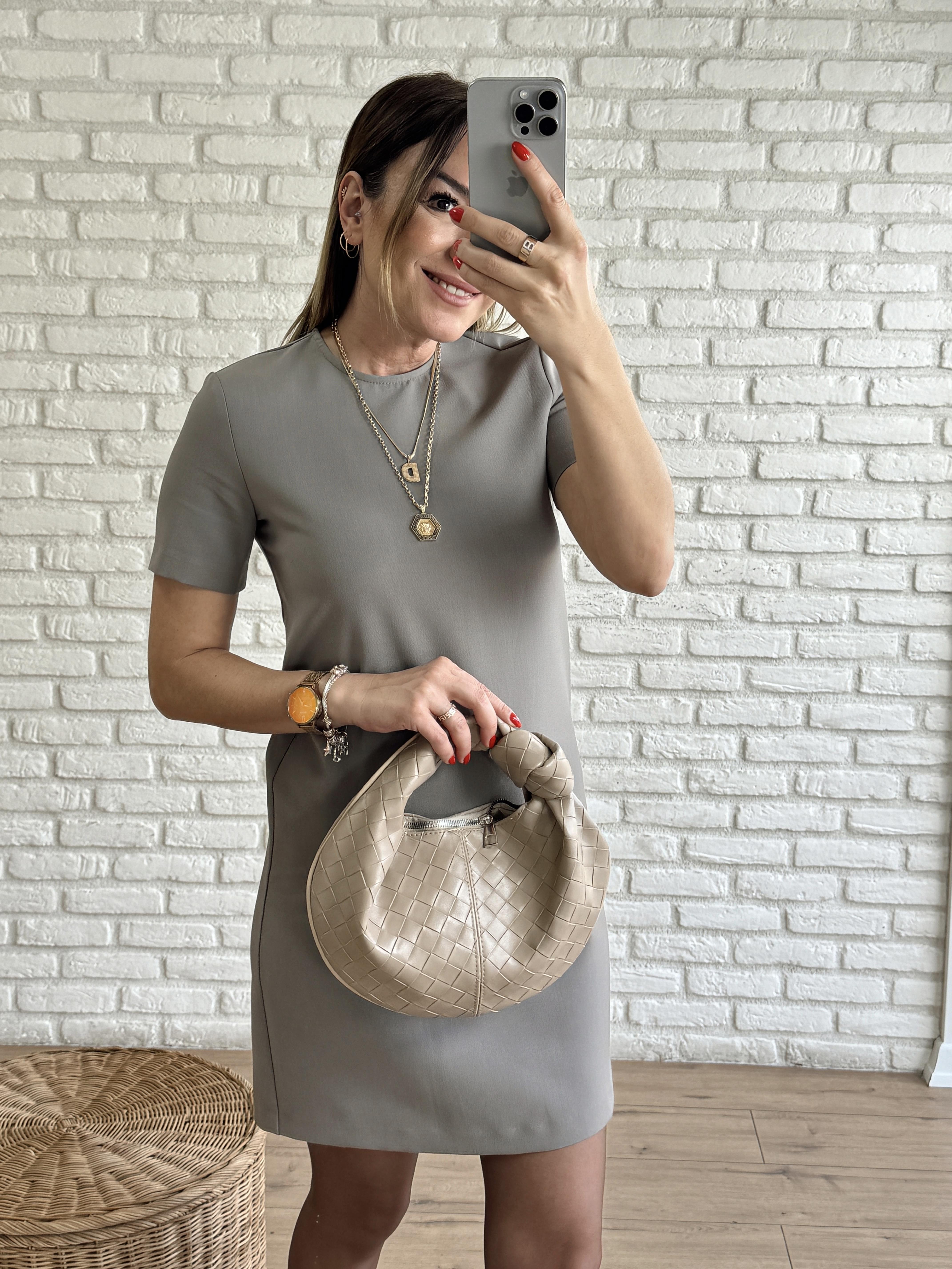 Dabıl Kumaş Bisiklet Yaka Kısa Kol Elbise VİZON