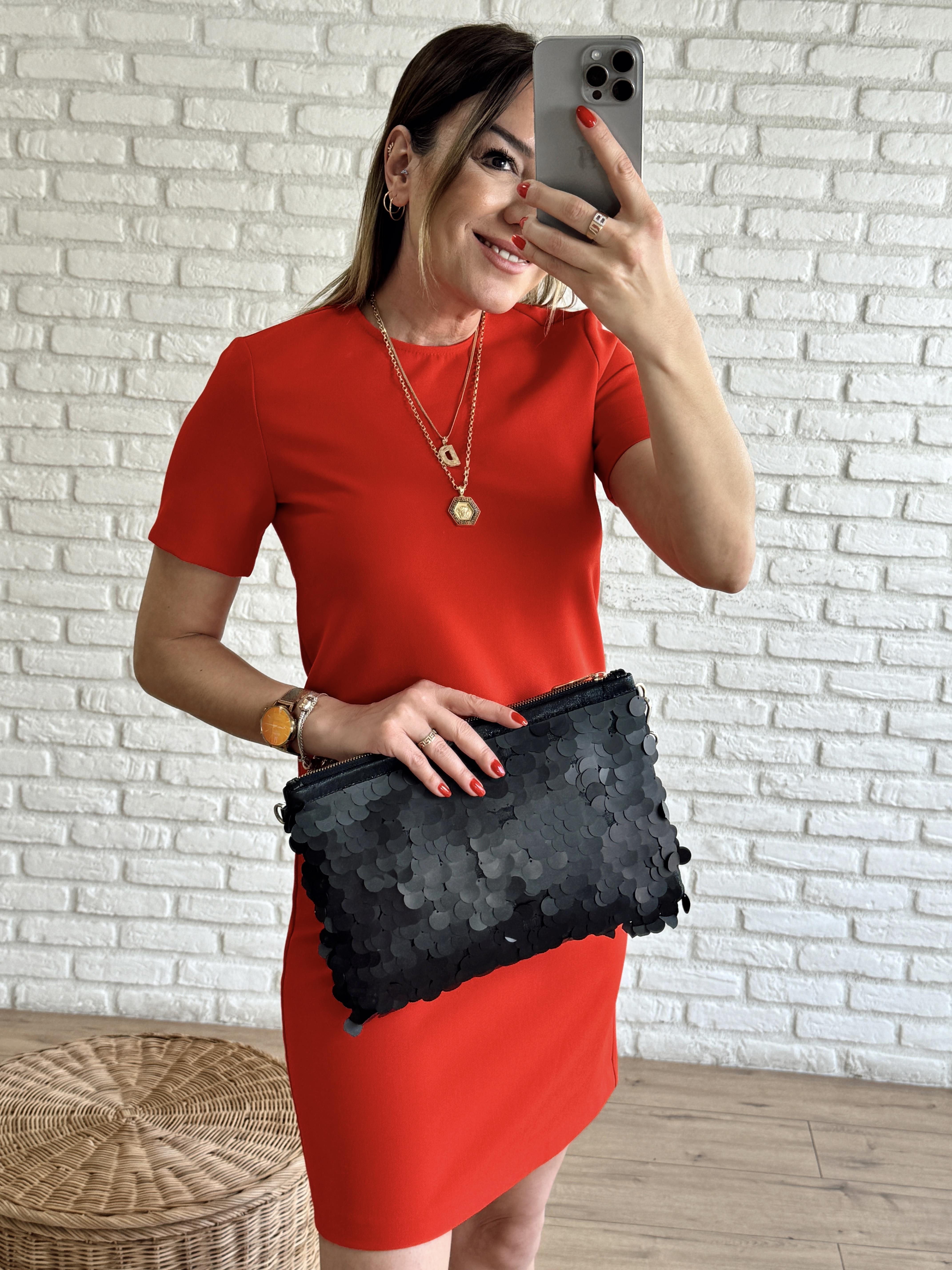 Dabıl Kumaş Bisiklet Yaka Kısa Kol Elbise KIRMIZI