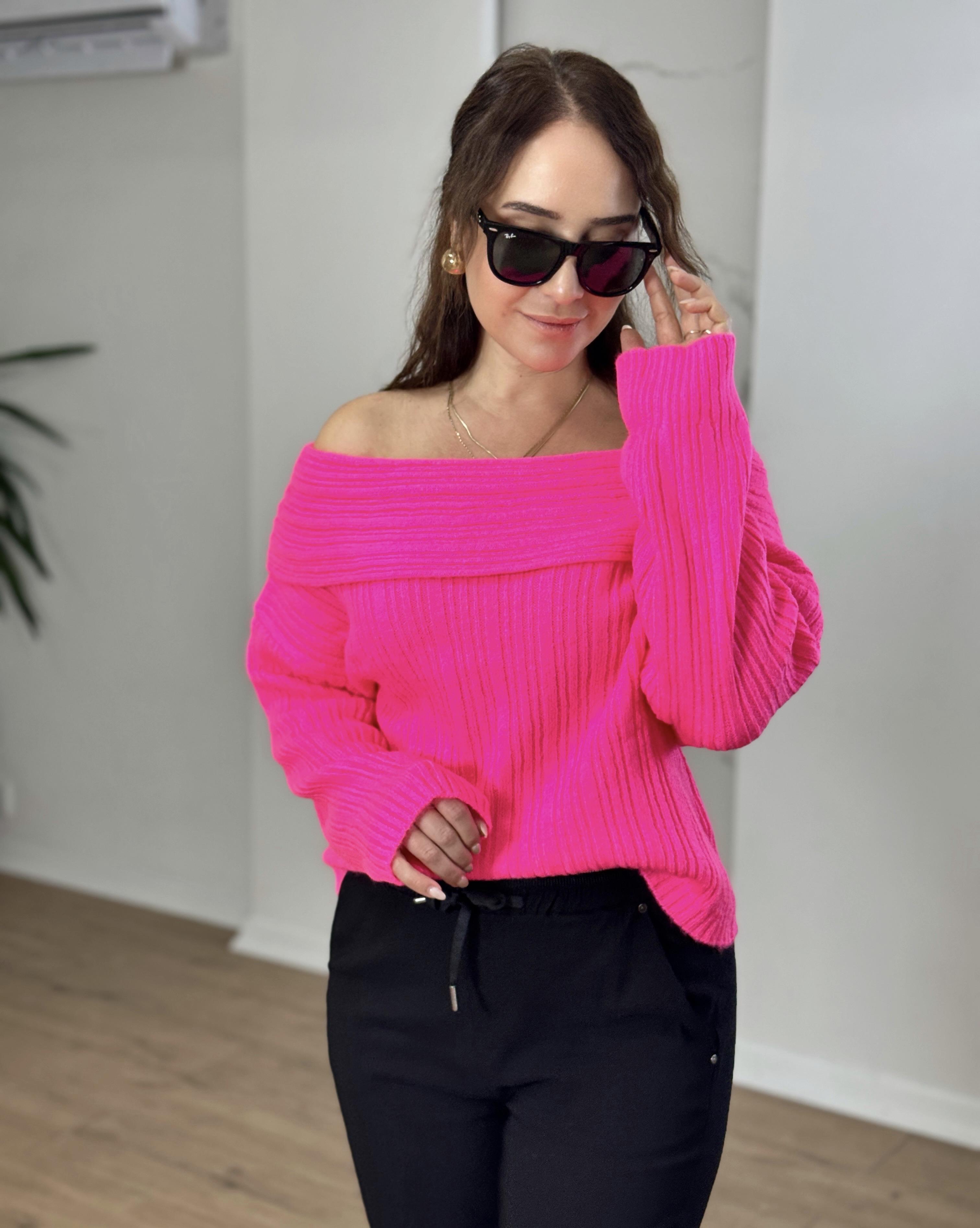 Degaje Yaka Kısa Kazak NEON PEMBE