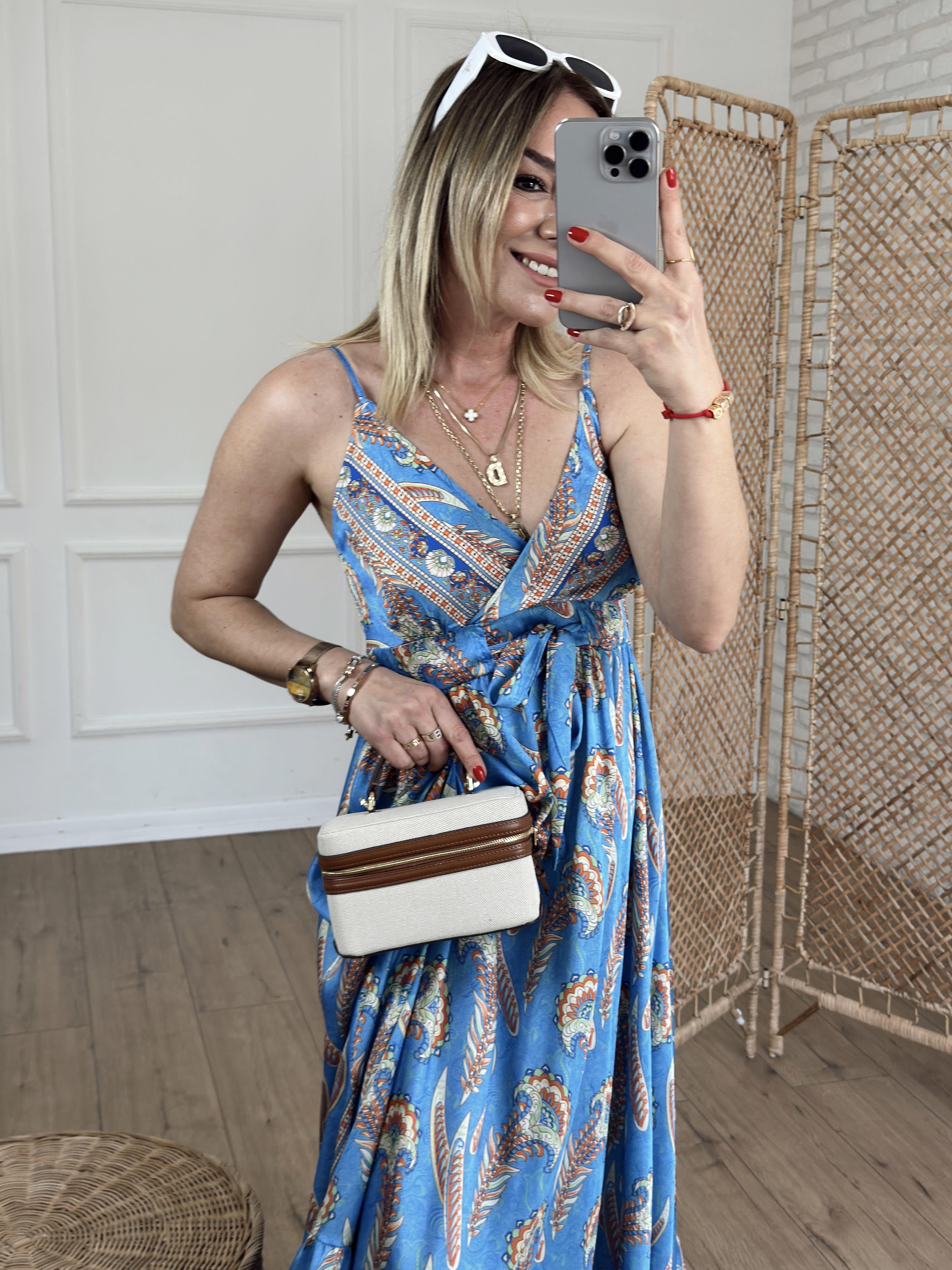 Desenli Saten Elbise MAVİ