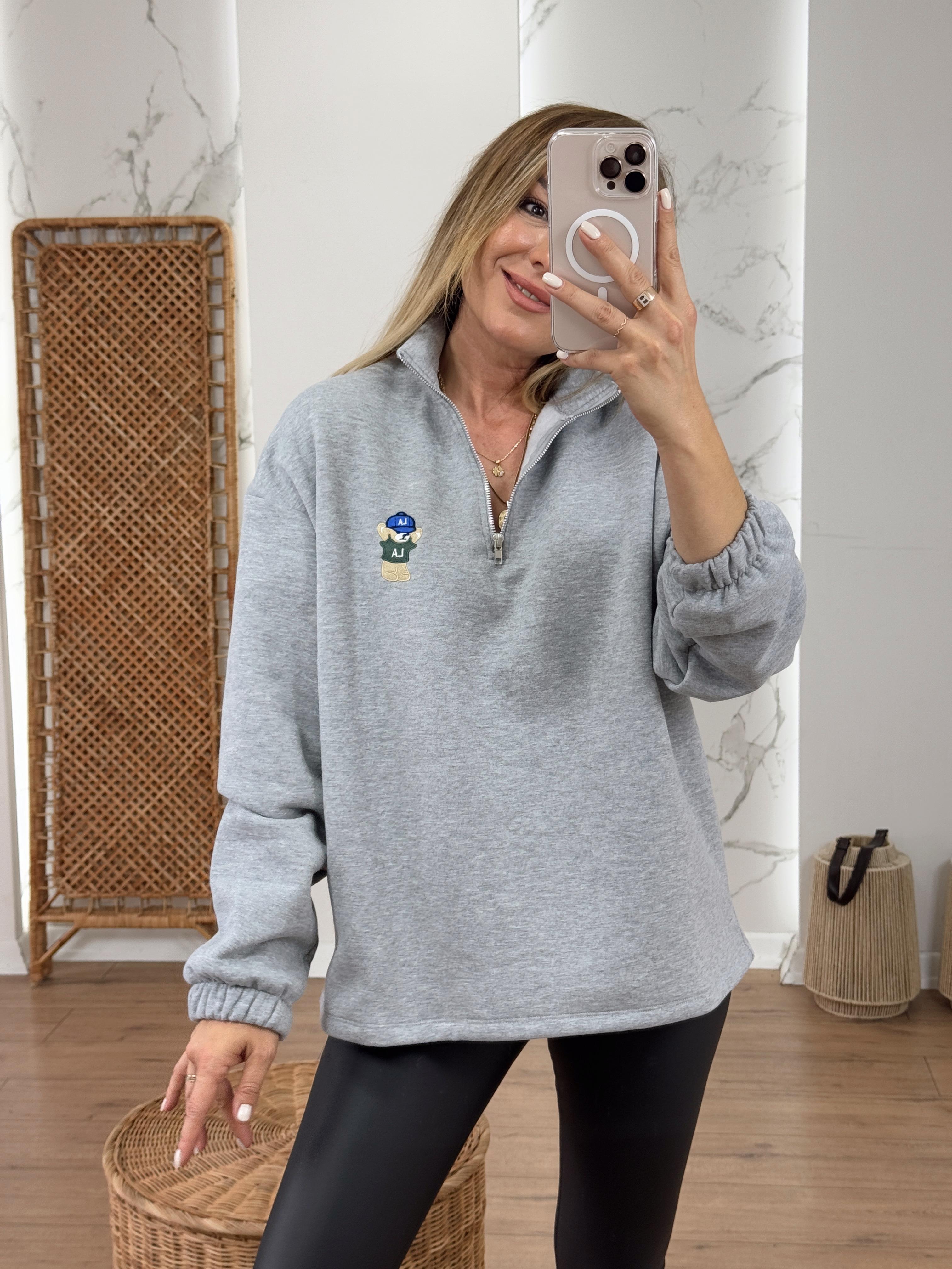 Dik Yaka Fermuarlı Teddy Nakışlı Sweat GRİ