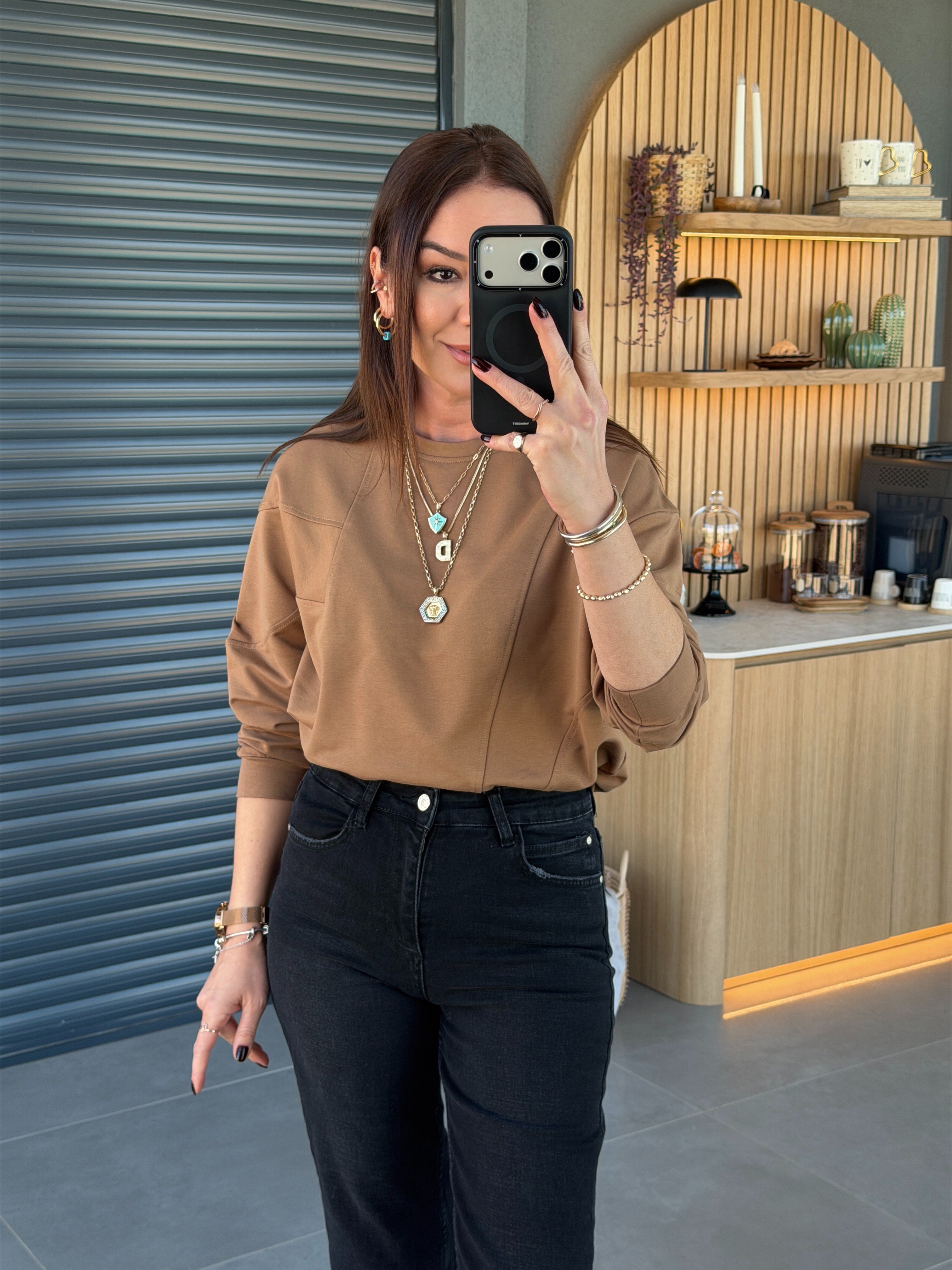 Dikiş Detaylı Bisiklet Yaka Sweat CAMEL