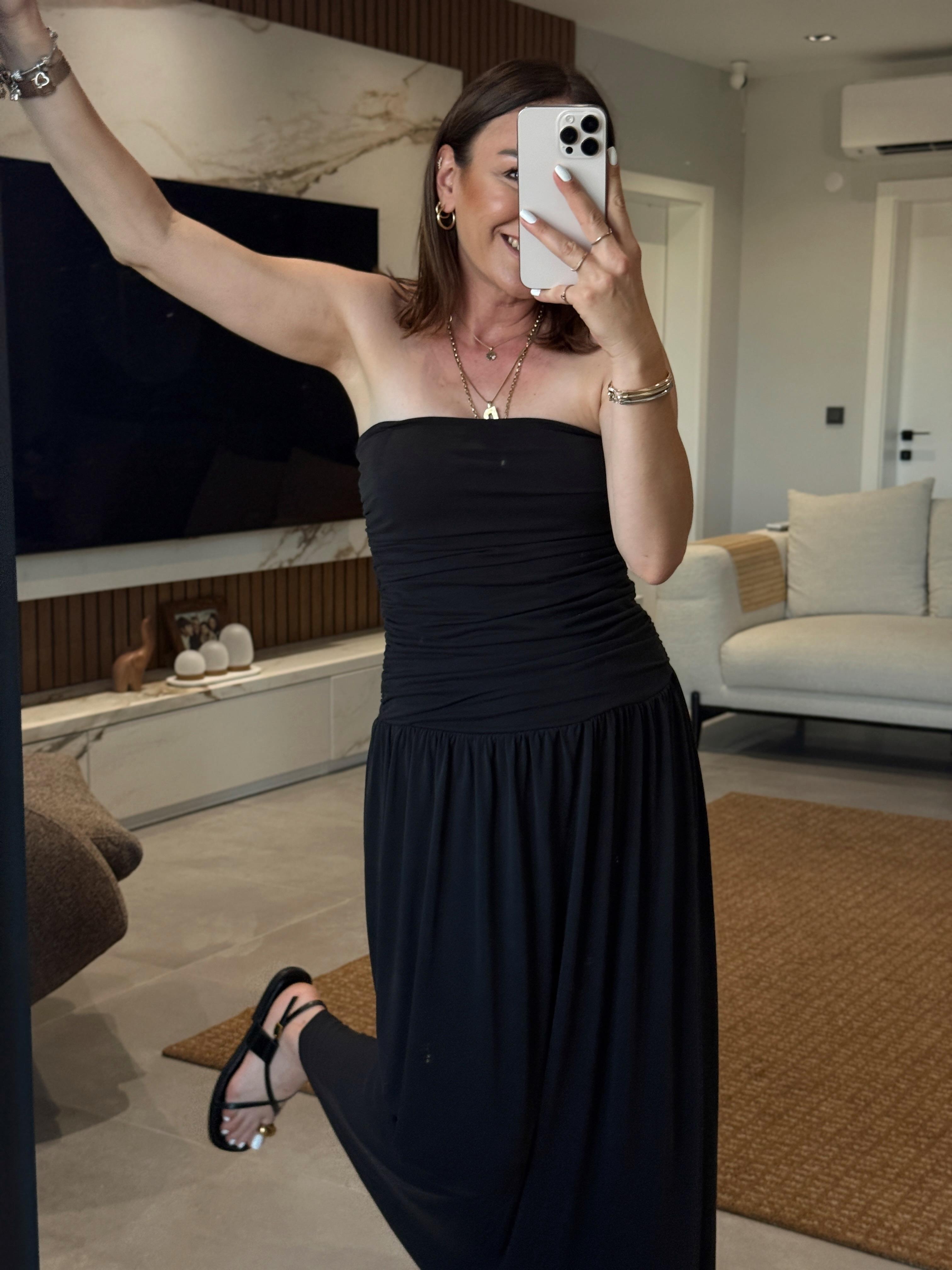 Draped Side Pleated Dress BLACK