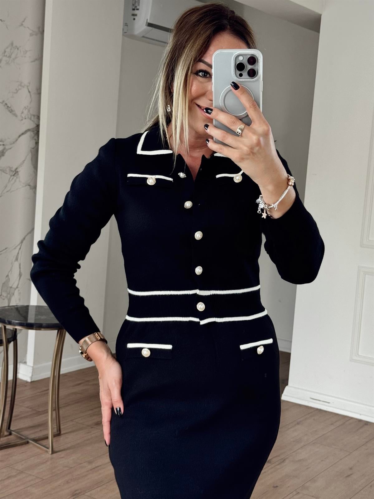 Düğme Detay Ceketli Triko Takım SİYAH