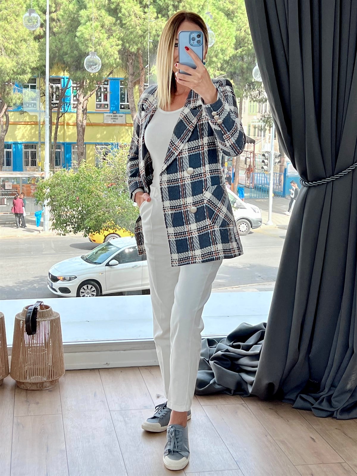Ekose Torba Cep Blazer Ceket Gri