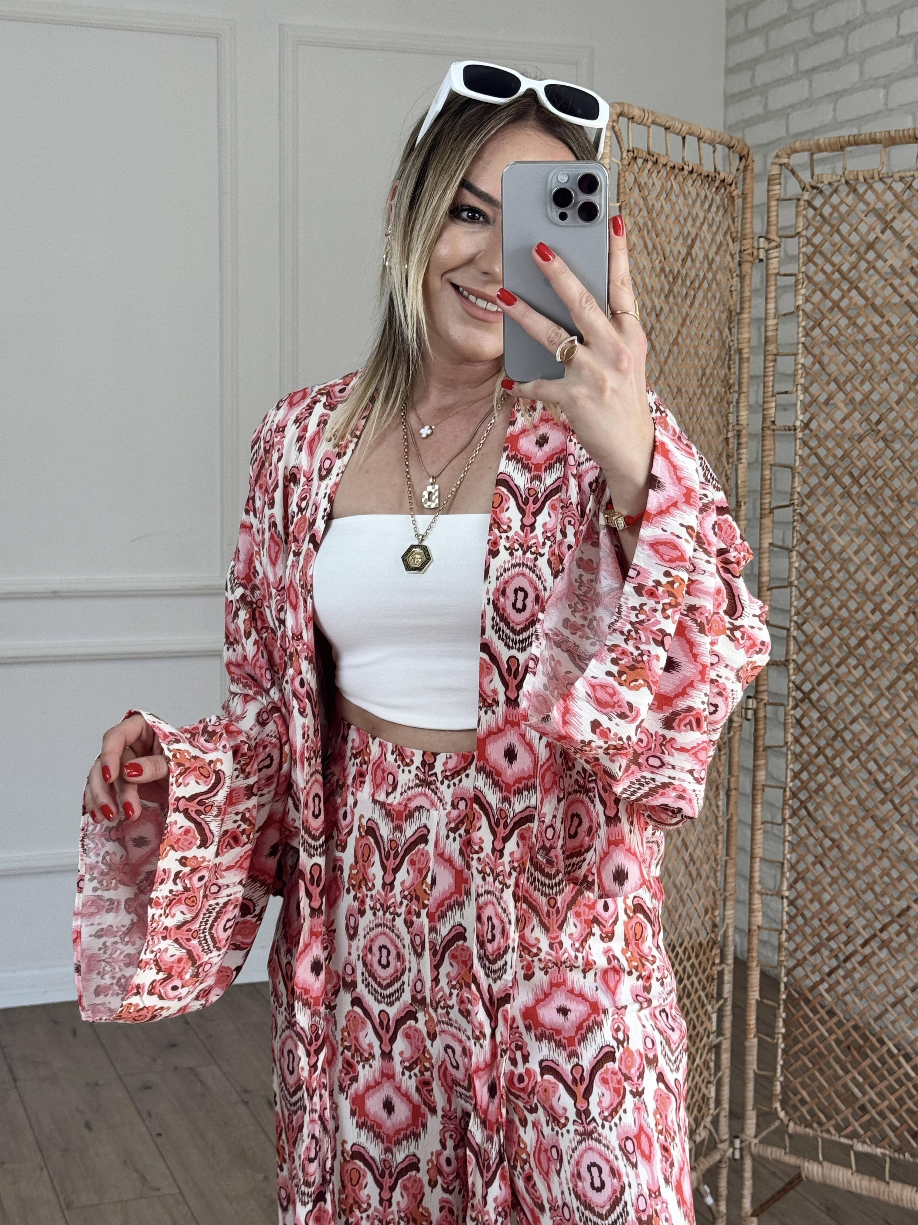 Etnik Desenli Crop Kimono KIRMIZI