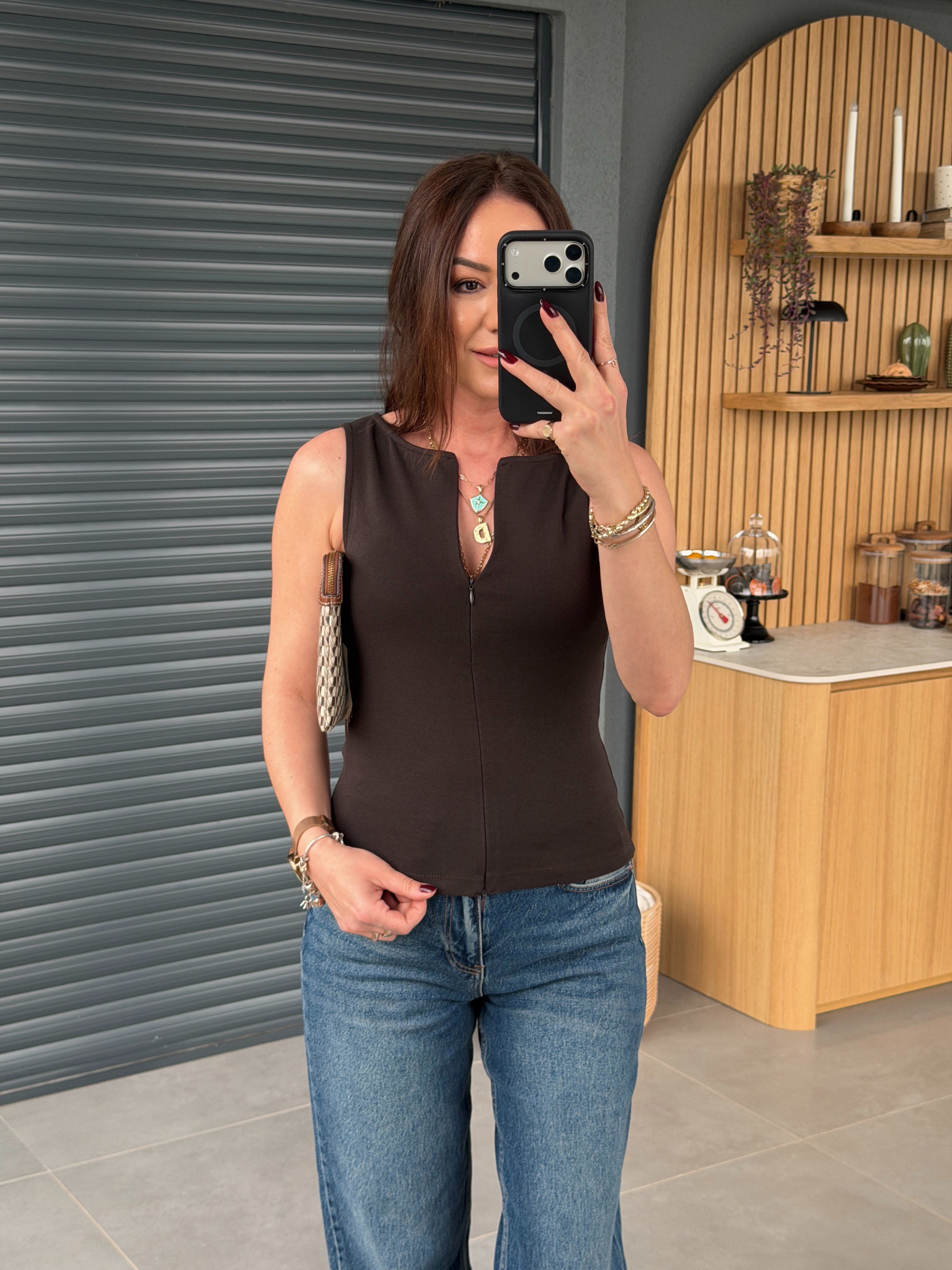 Fermuarlı Kolsuz Body KOYU KAHVE