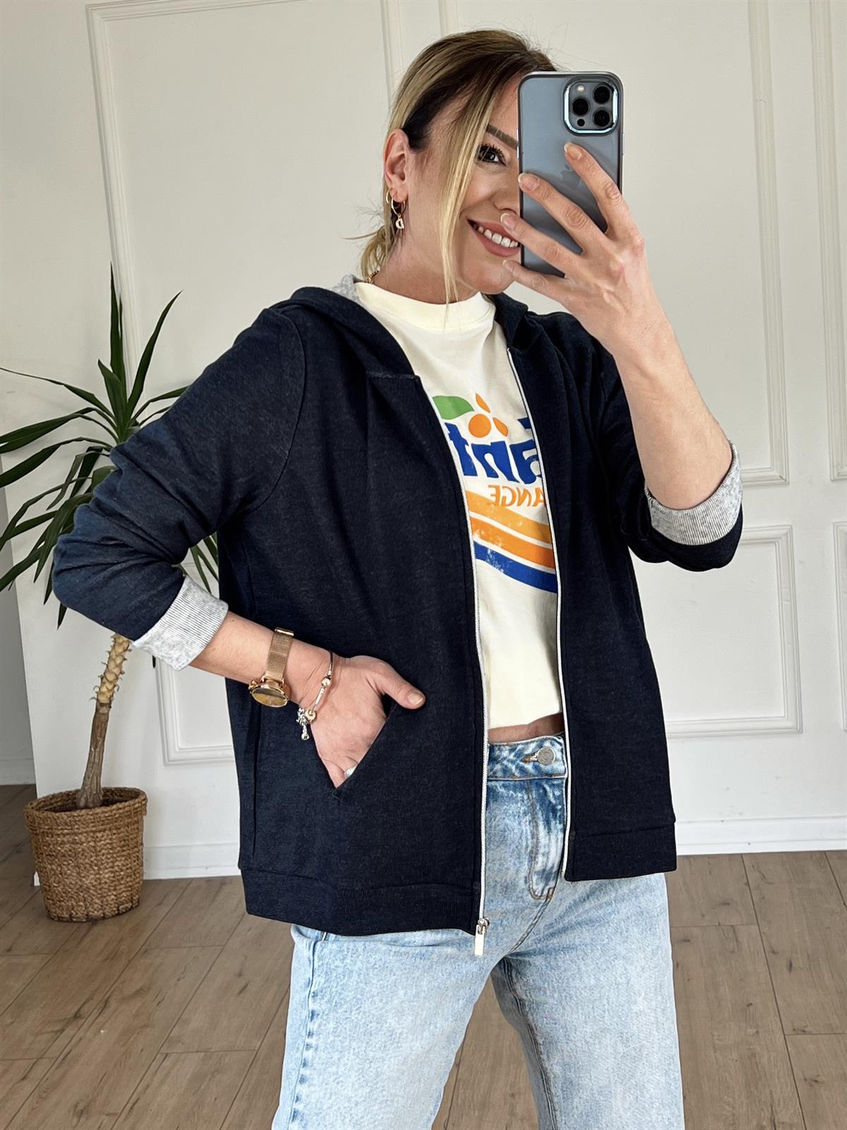 FERMUARLI SWEAT CEKET LACİVERT