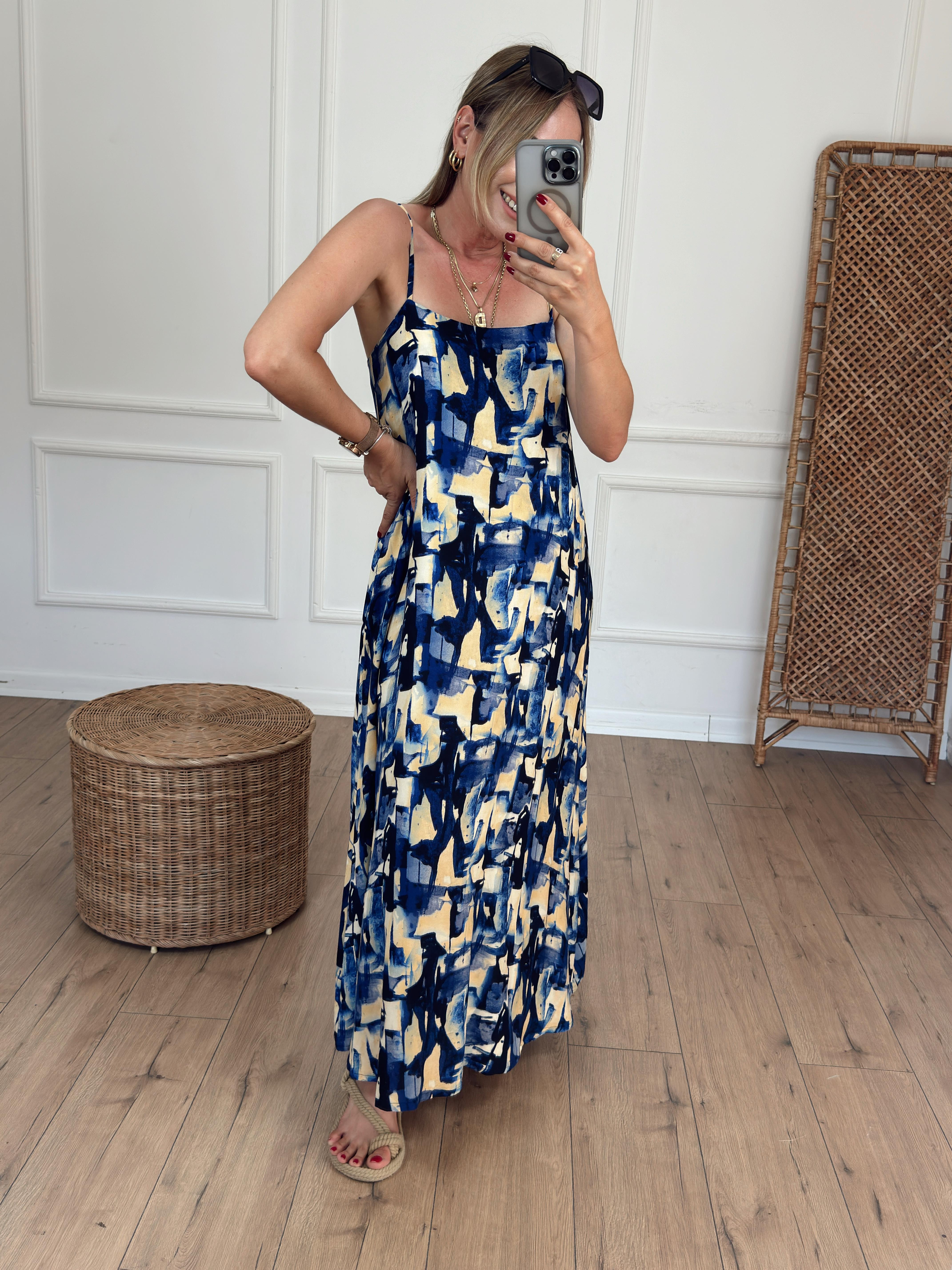 Fırça Desen Askılı Elbise MAVİ