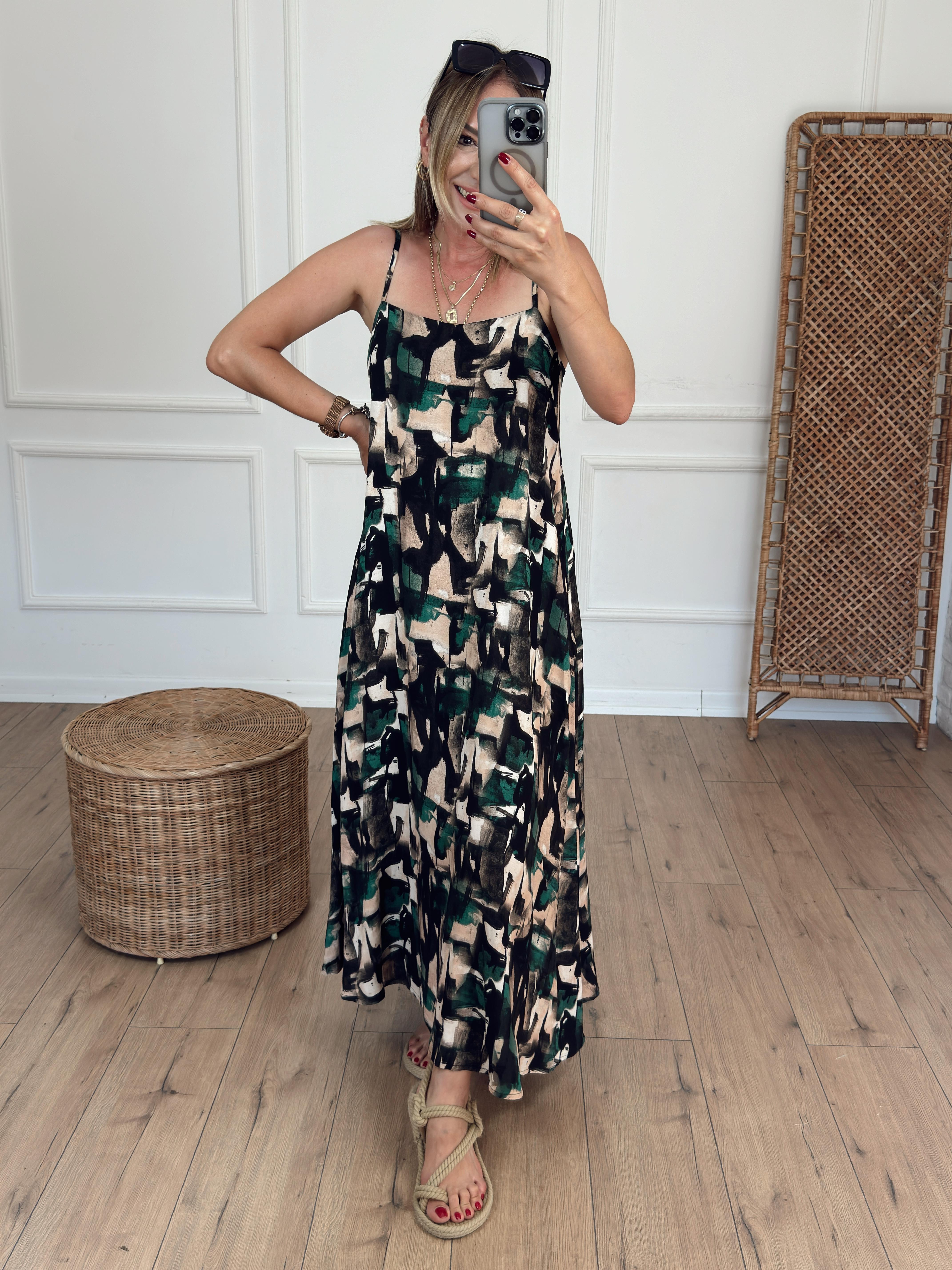 Fırça Desen Askılı Elbise YEŞİL