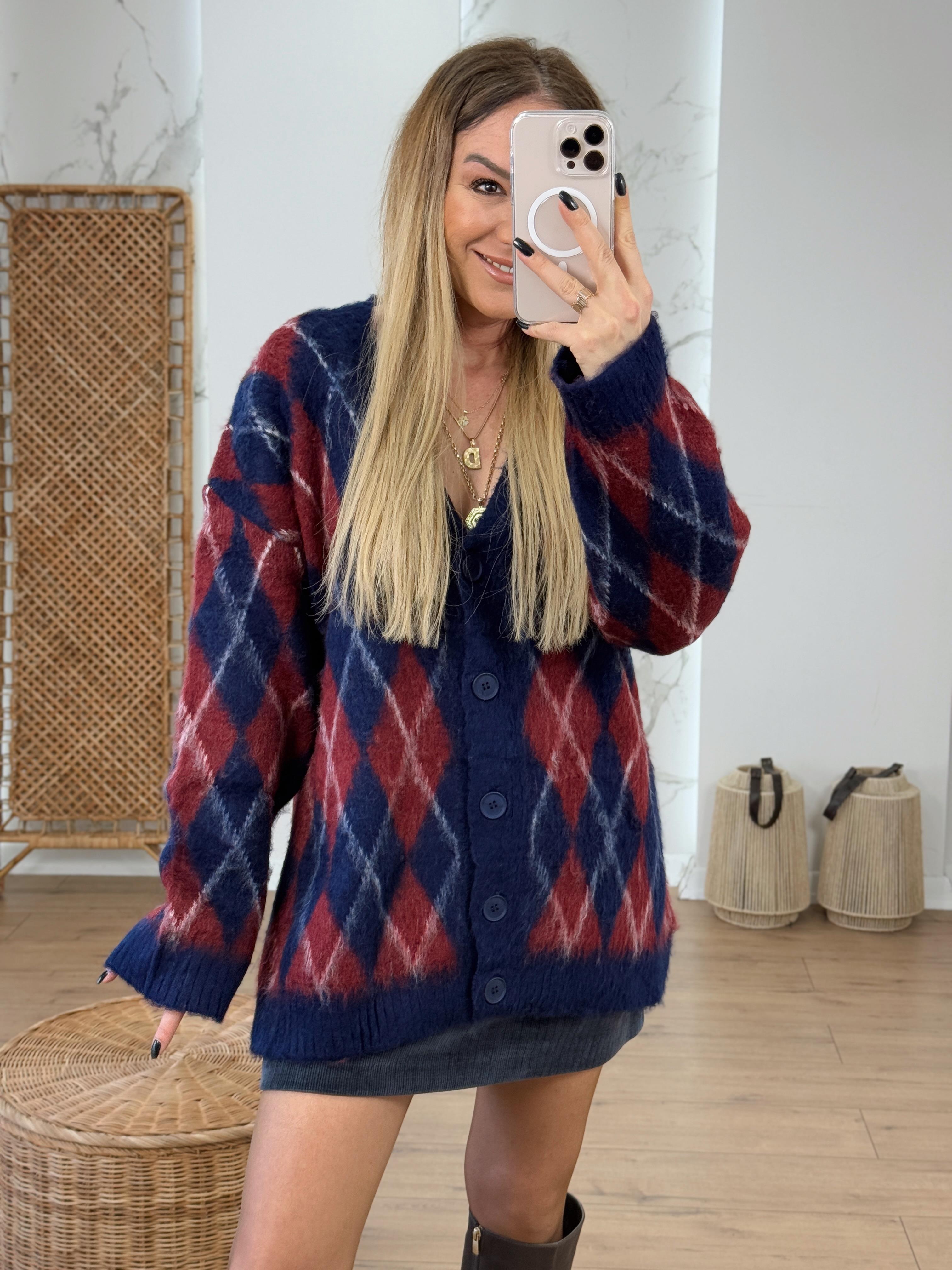 Fırçalanmış Dokulu Baklava Desen Düğmeli Hırka LACİVERT