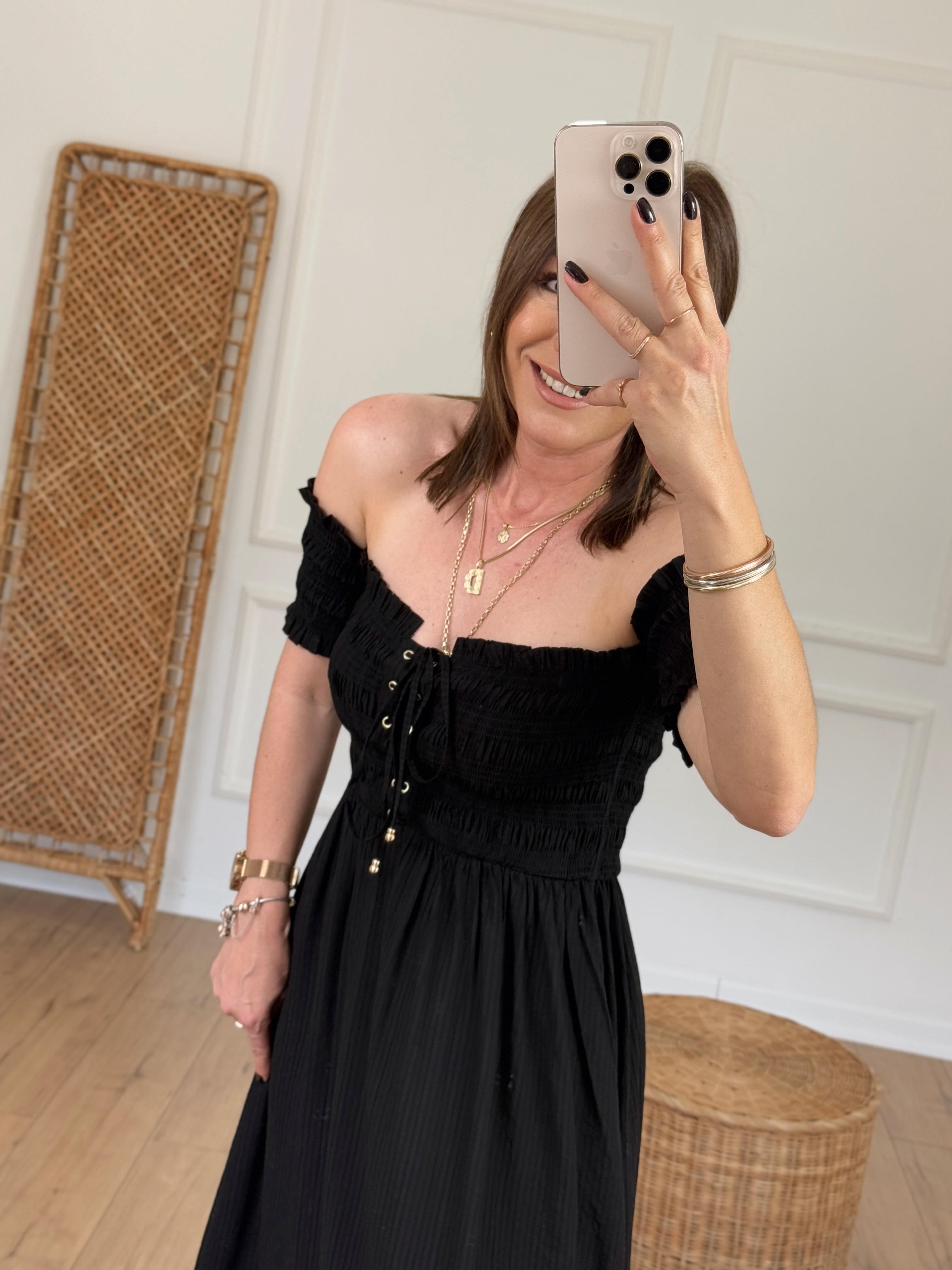 Fırfır Detaylı Önü Bağlamalı Elbise SİYAH