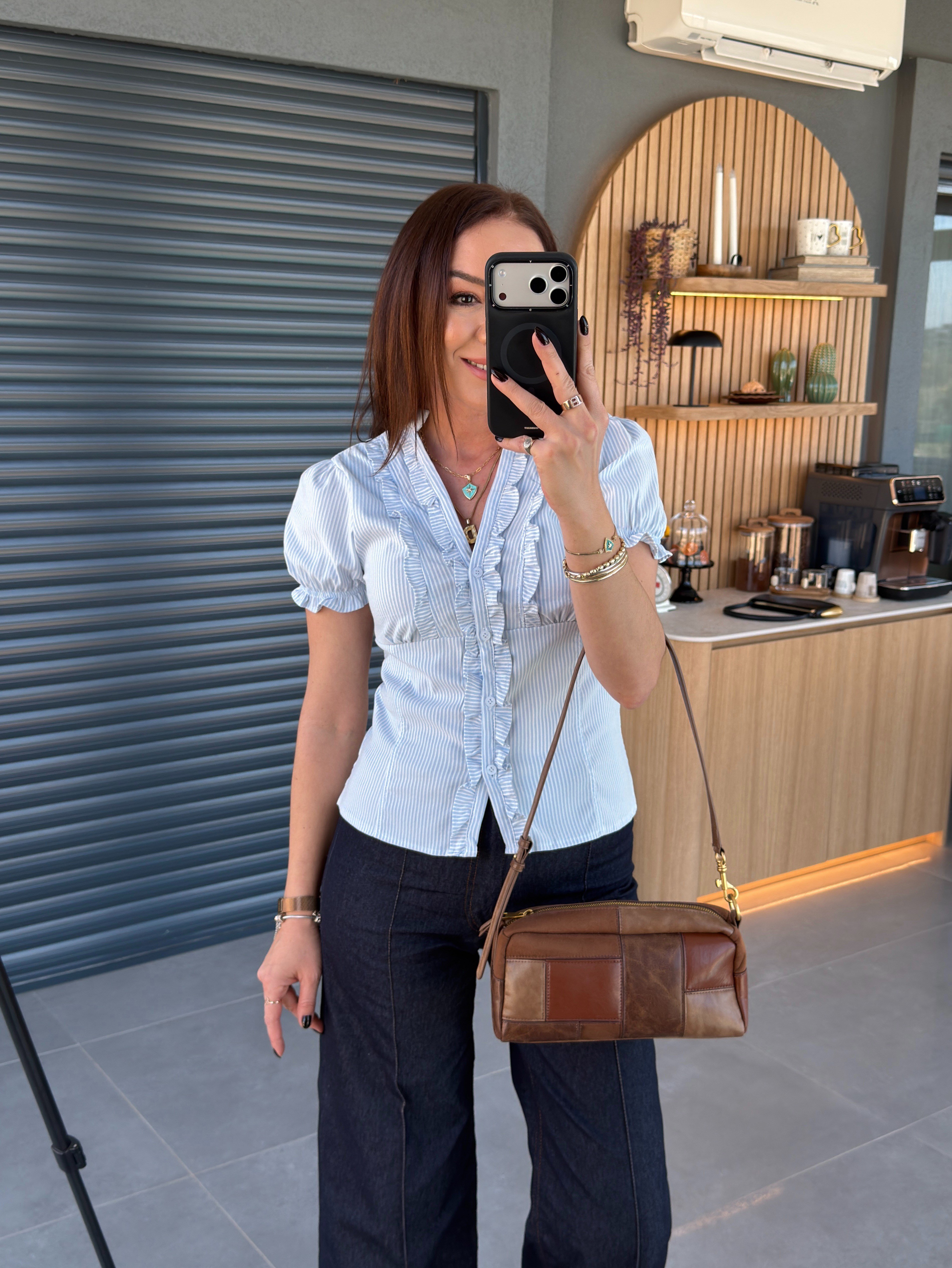 Fırfırlı Çizgili Poplin Gömlek MAVİ