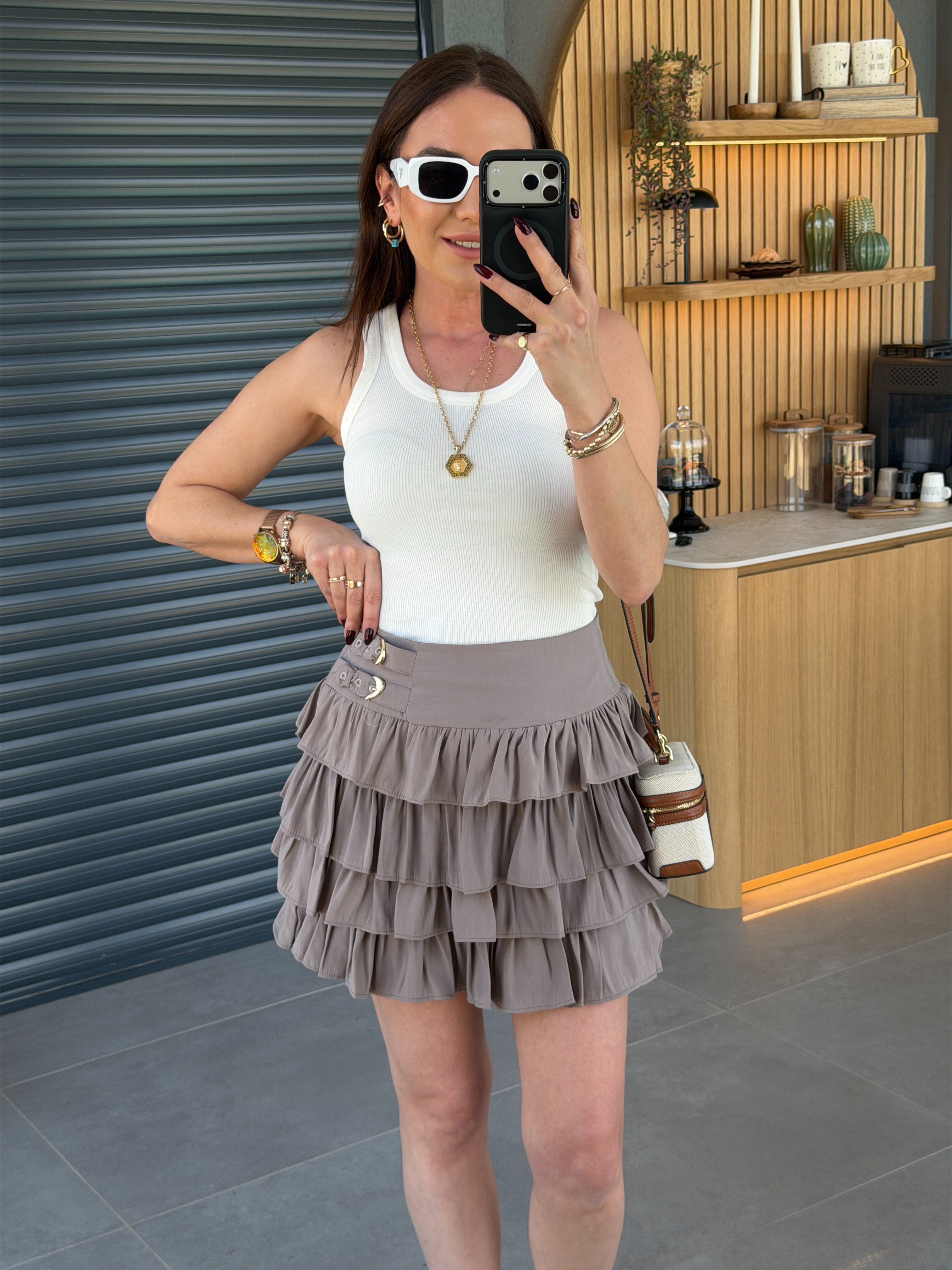 Fırfırlı Mini Şort Etek VİZON